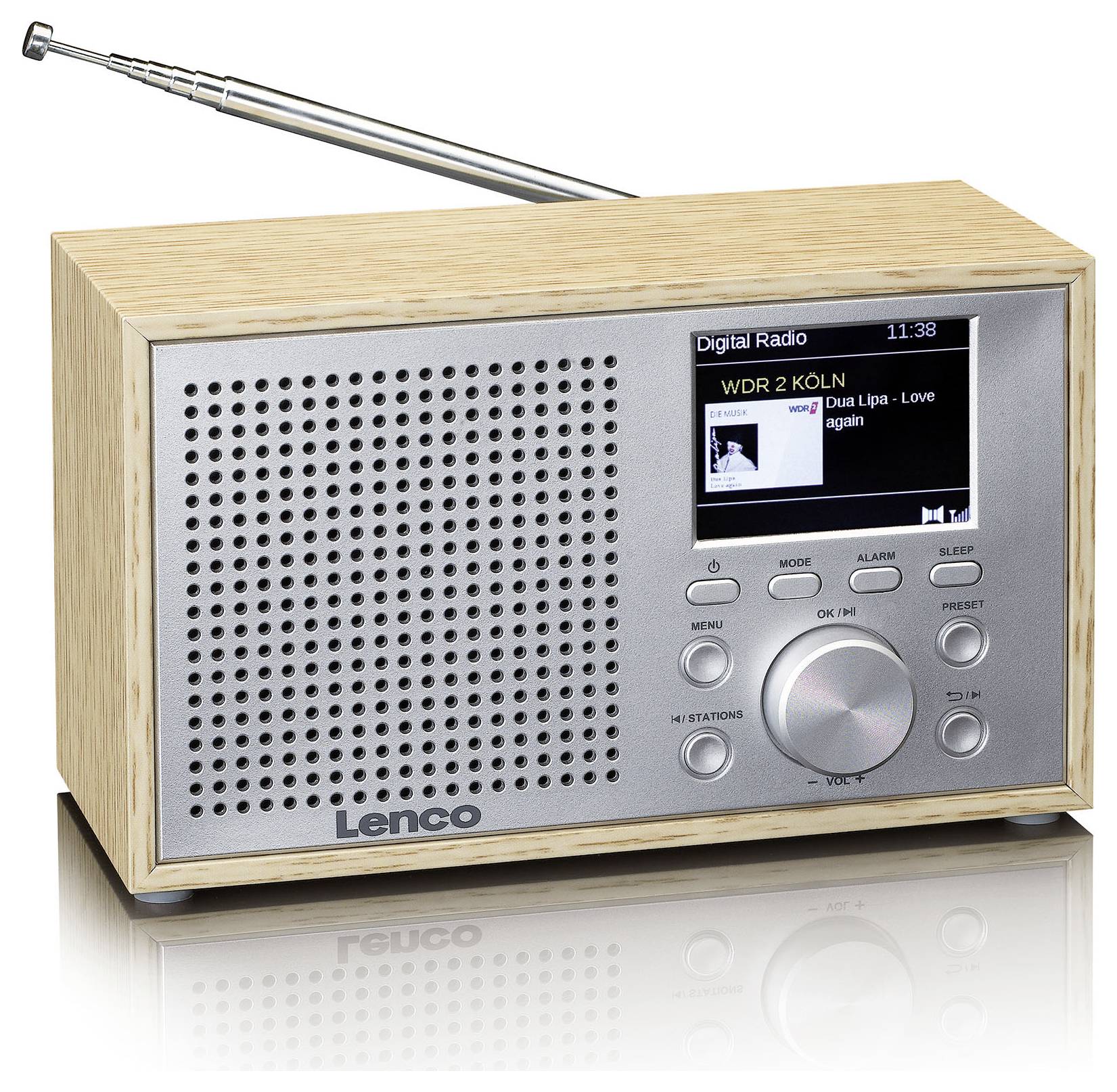 A digital radio with a wooden frame, displaying 'WDR 2 KÖLN' and 'Dua Lipa - Love Again' on the screen. Several buttons and an aerial are visible.
