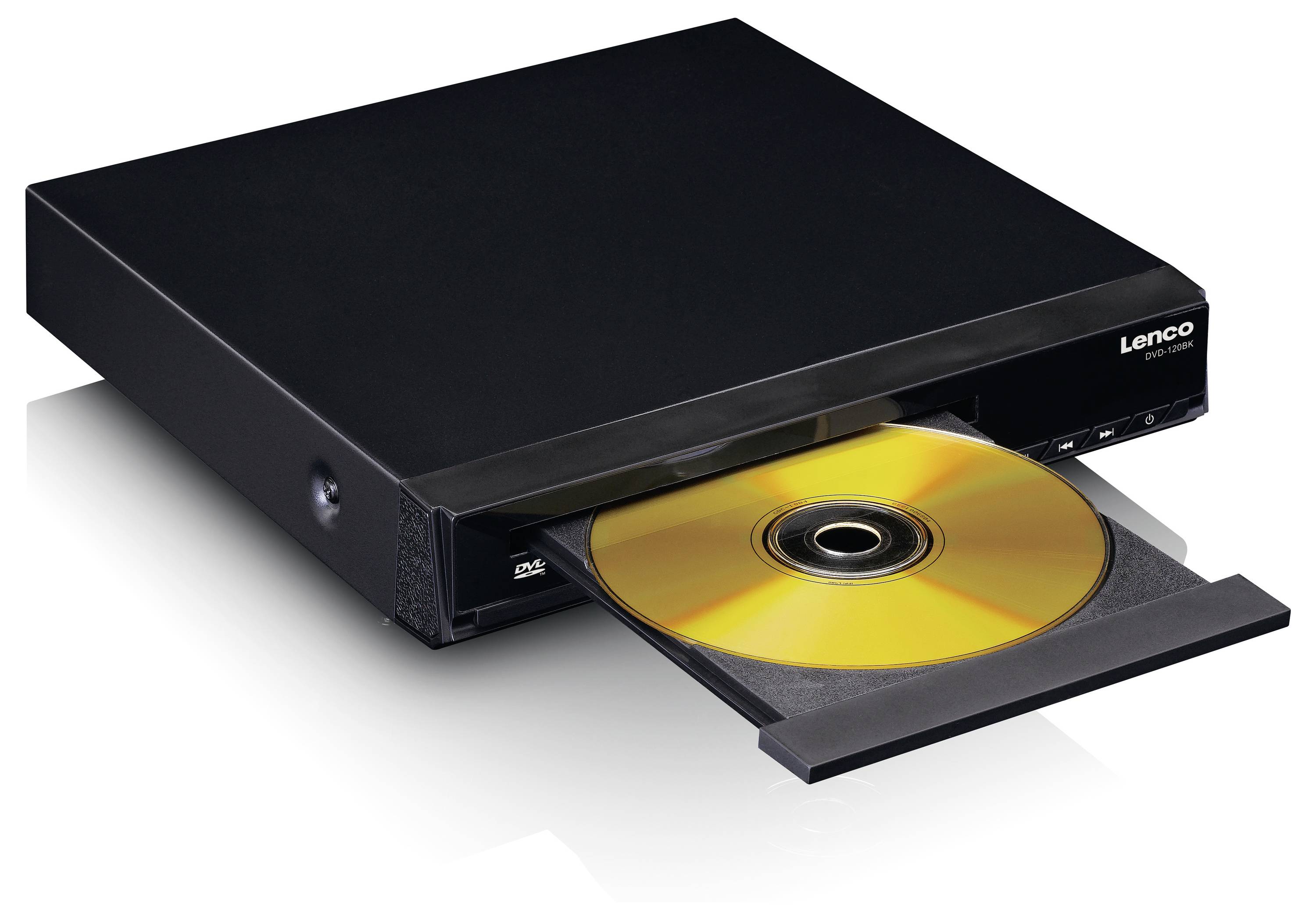 Black DVD player with an open tray, containing a golden disc. The device is designed in a modern, compact form factor.