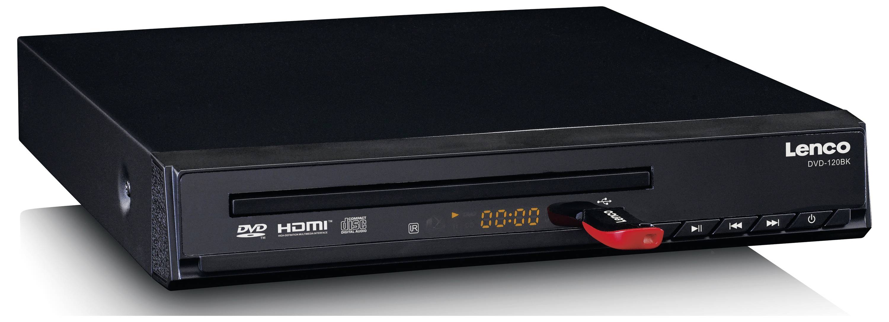 Black DVD player with USB port and HDMI functionality, brand 'Lenco'. Display shows '00:00'.