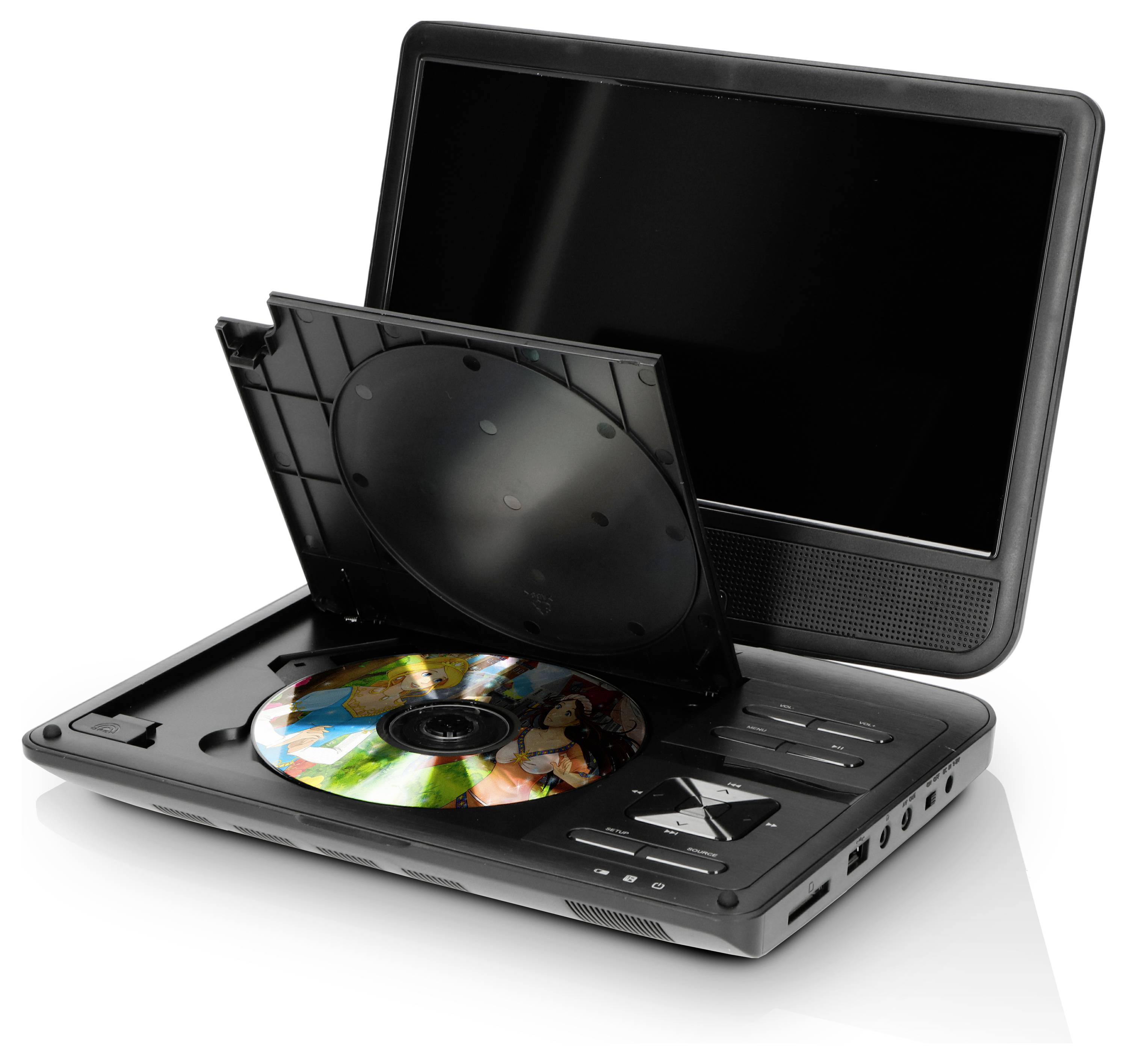 A portable DVD player with an open screen and CD compartment. A colourful CD is inserted in the drive.