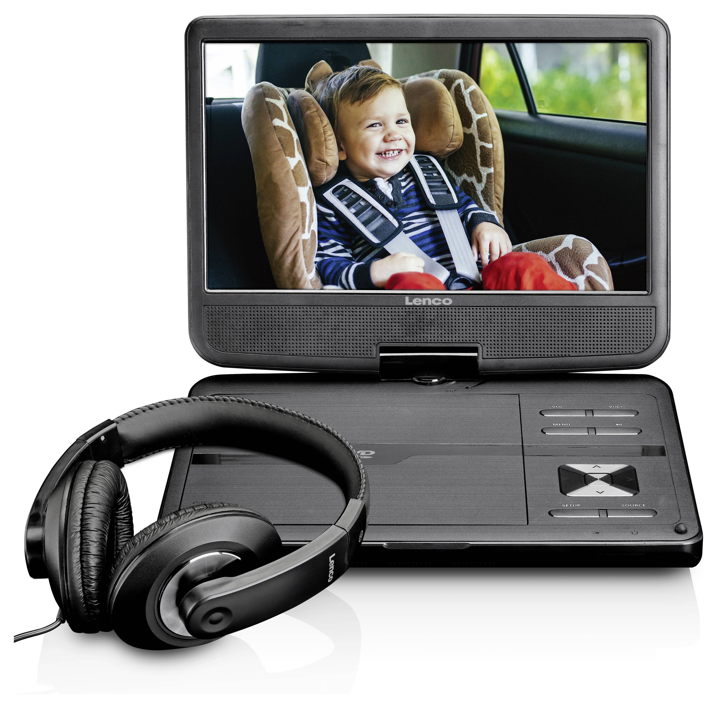Portable DVD player with headphones in front of a photo of a smiling child in a car seat on the screen.