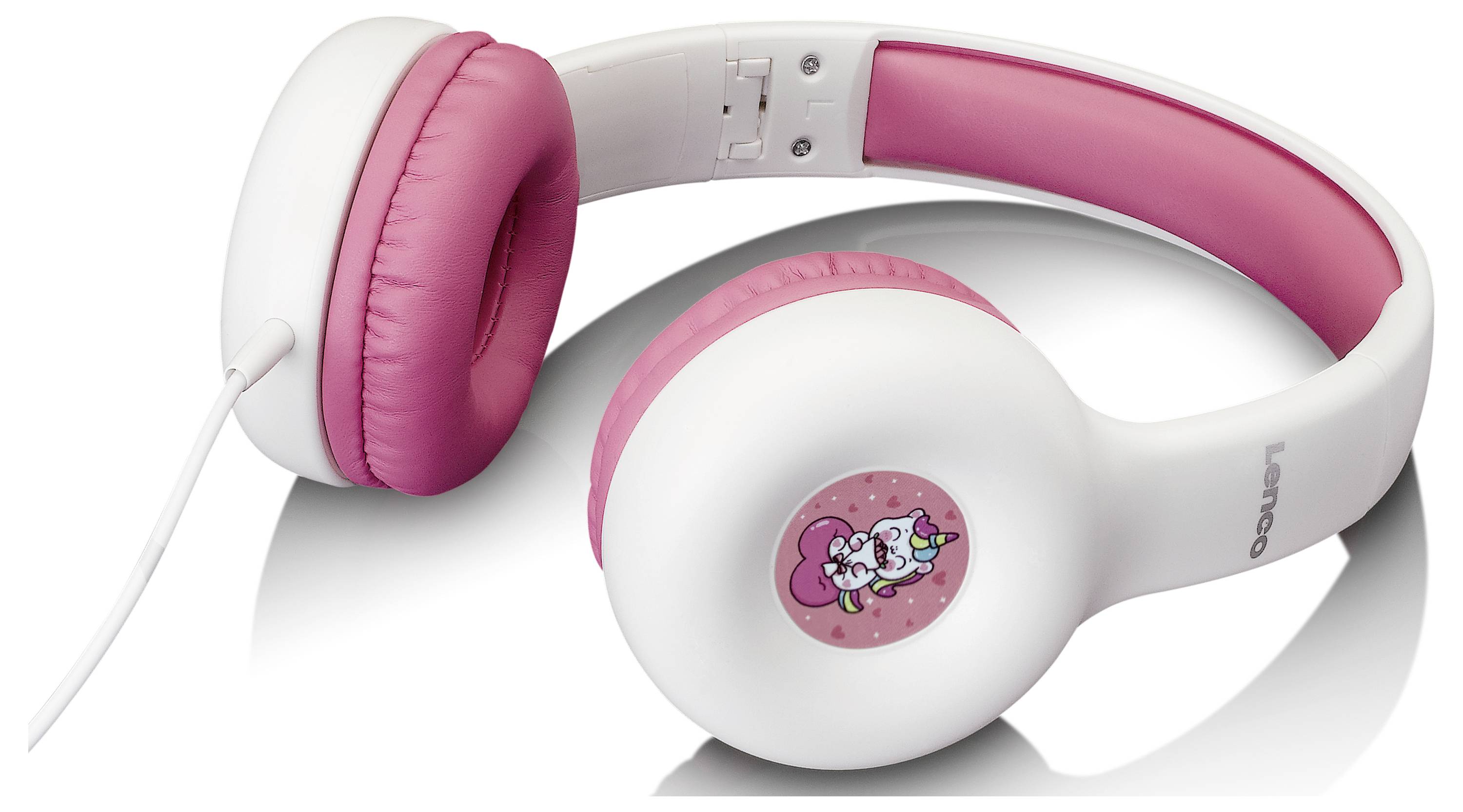White and pink children's headphones with a cartoon motif on the ear cup, with connected audio cable.