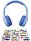 Light blue headphones placed over a selection of colourful car stickers, including racing cars and traffic symbols.