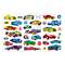Many colourful toy racing cars in various models and colours, surrounded by symbols such as arrows, signs, and tools.