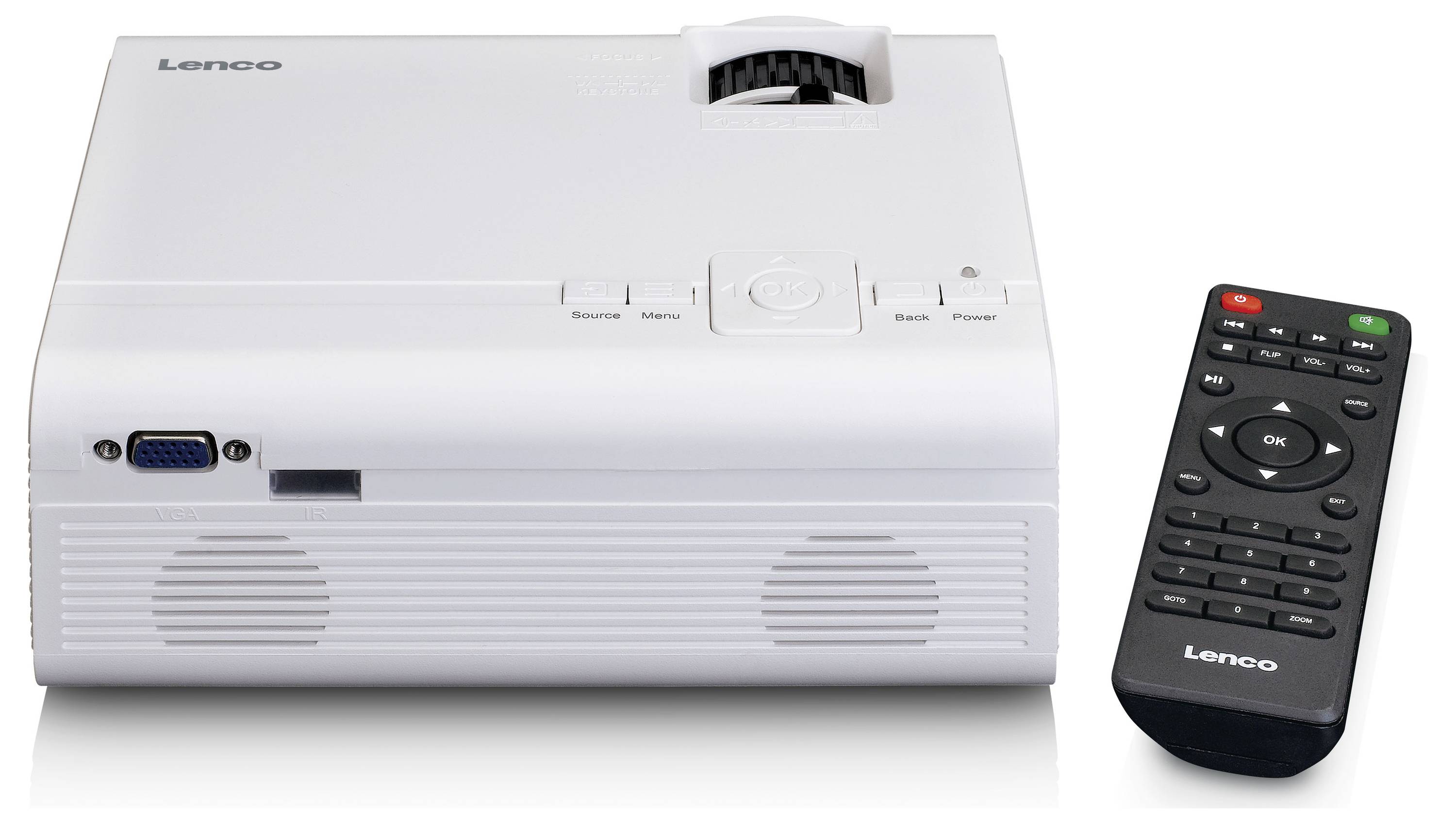 A white projector with control buttons on top, VGA port on the left. Beside it, a black remote control with colourful buttons.