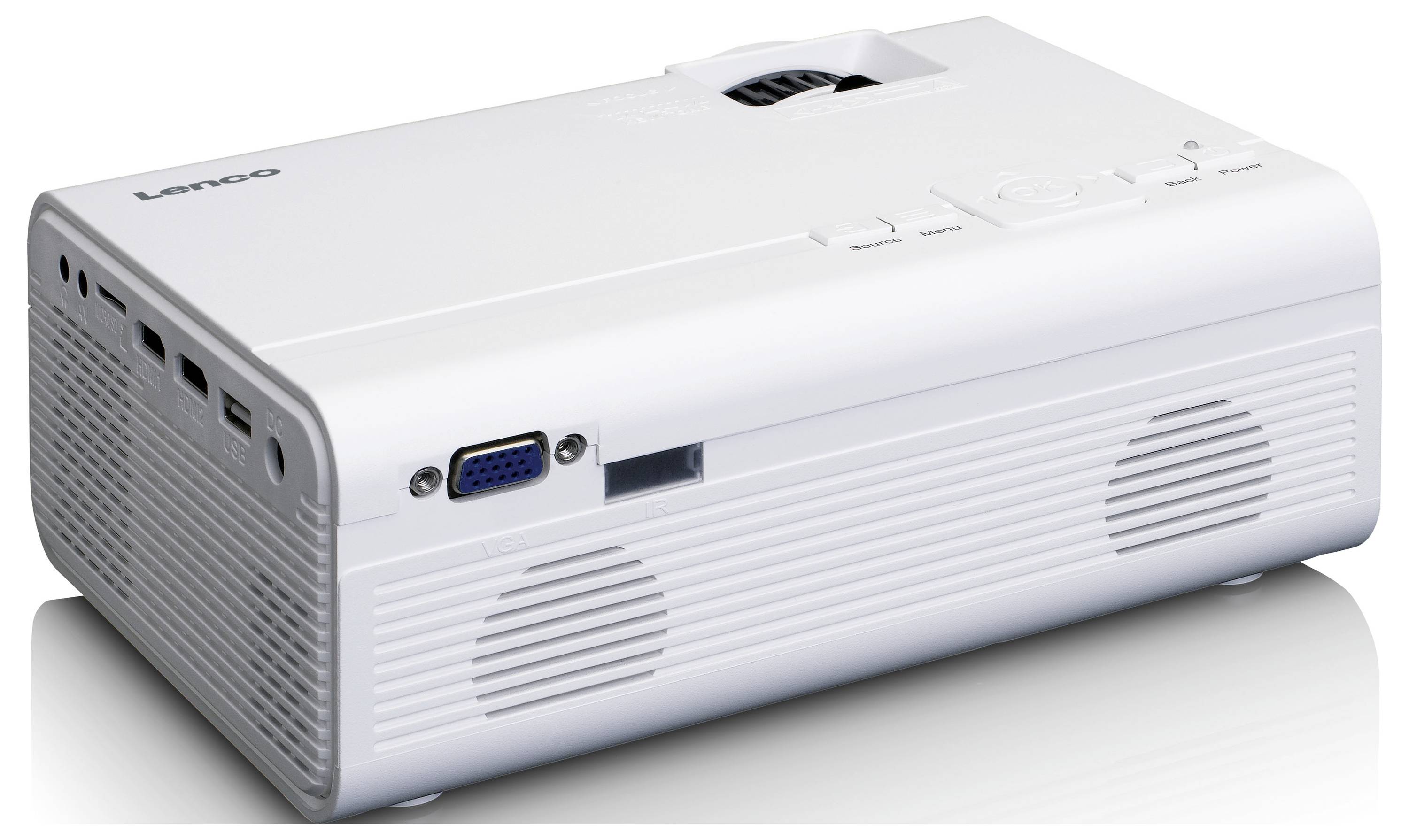 A white projector with multiple ports on the side, including VGA, USB and HDMI, on a white surface.