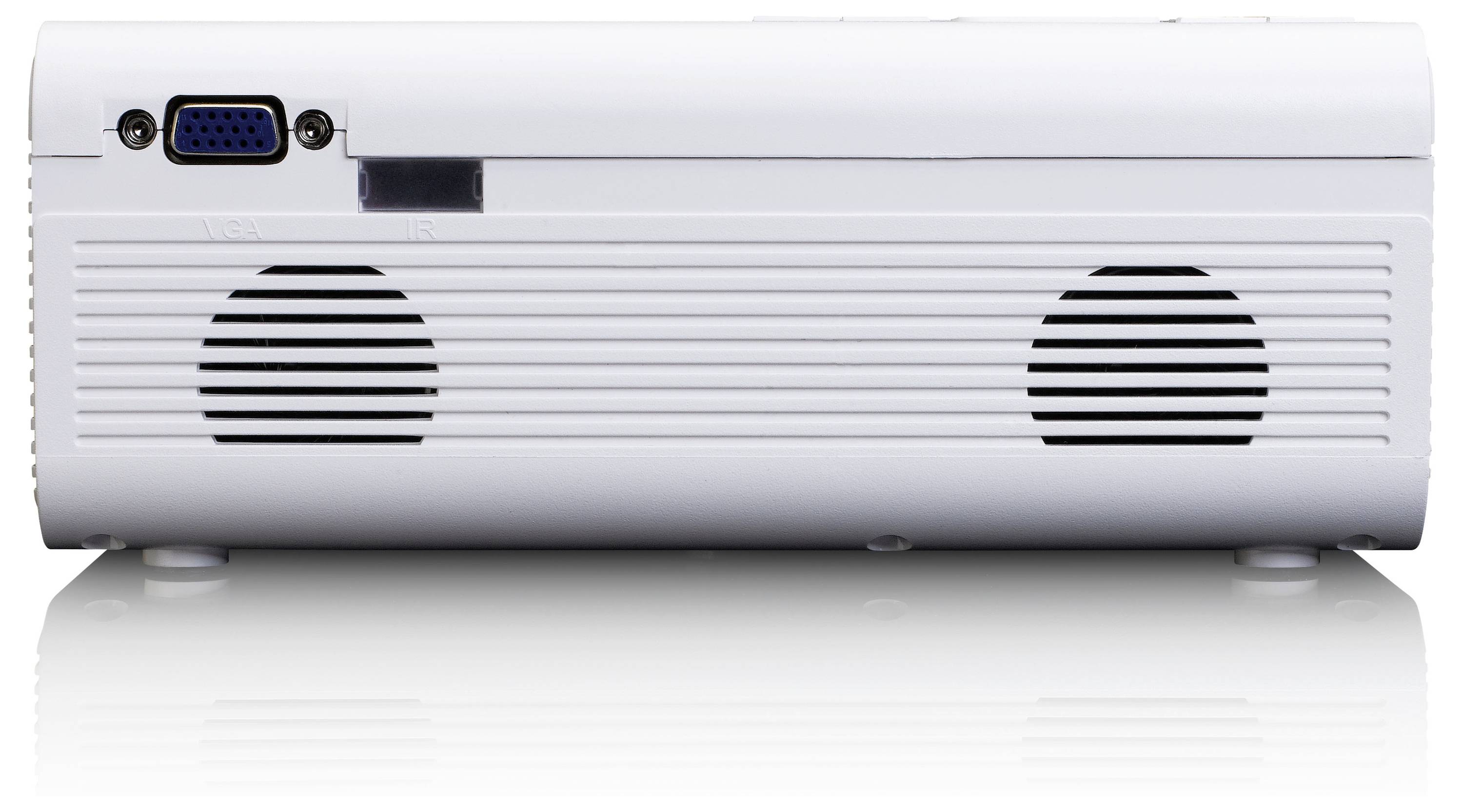 White electronic box with ventilation slots and VGA port on the left side.