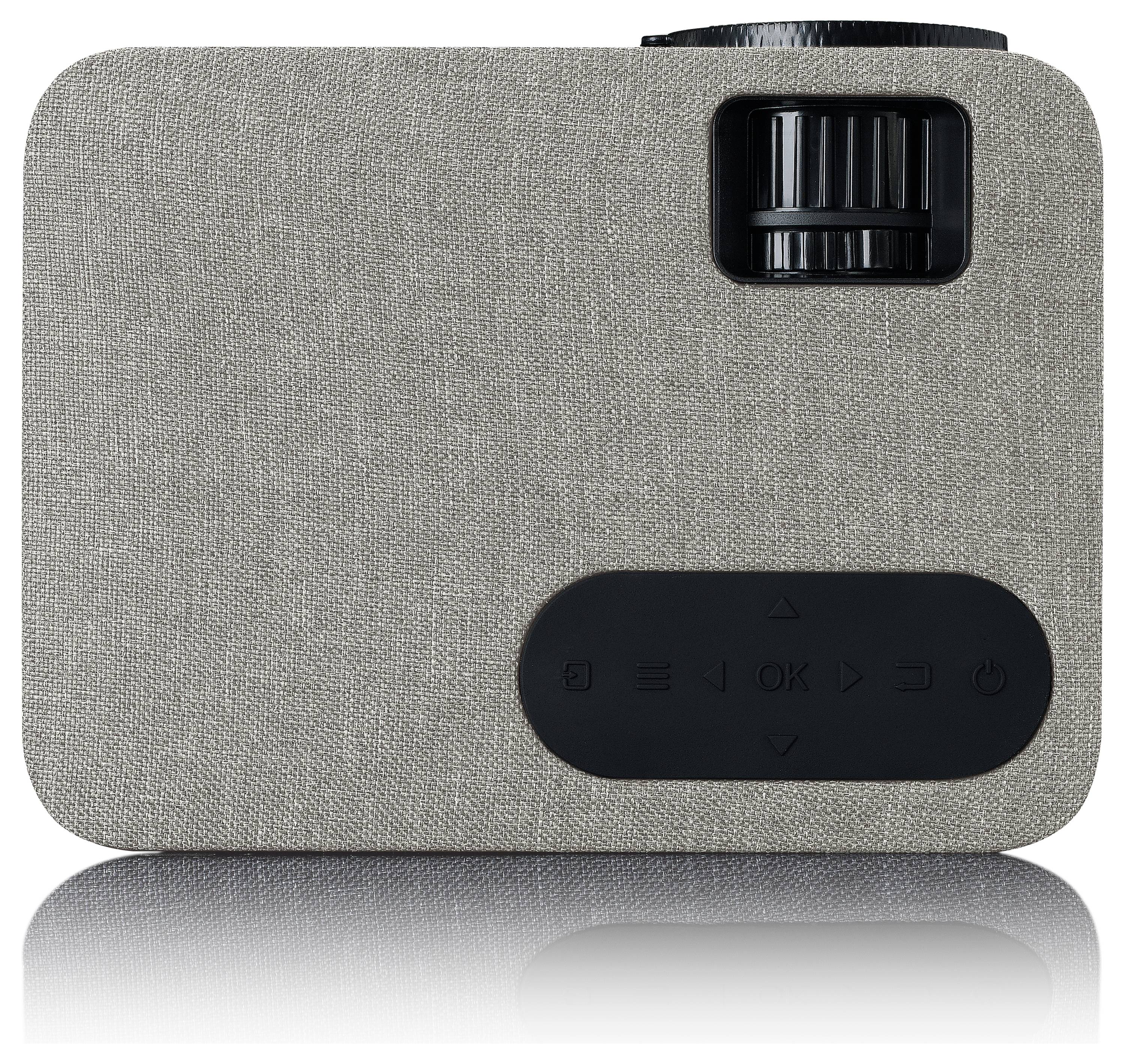 Grey portable projector with textured surface, round focus wheels on the top right, and a control panel with symbols at the bottom.