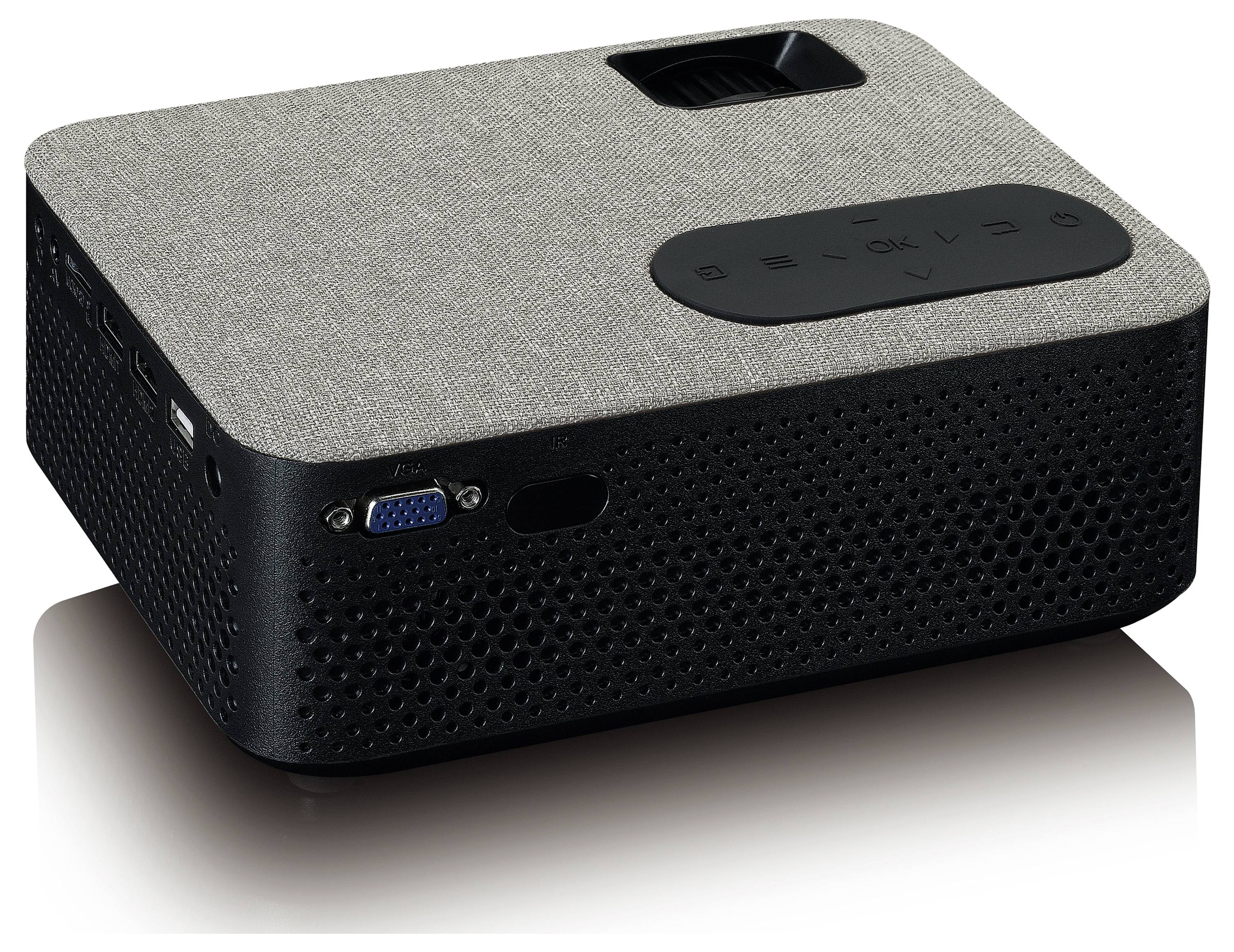 'Black portable projector with grey fabric cover, top control panel with symbols and side connection ports, including VGA port.'