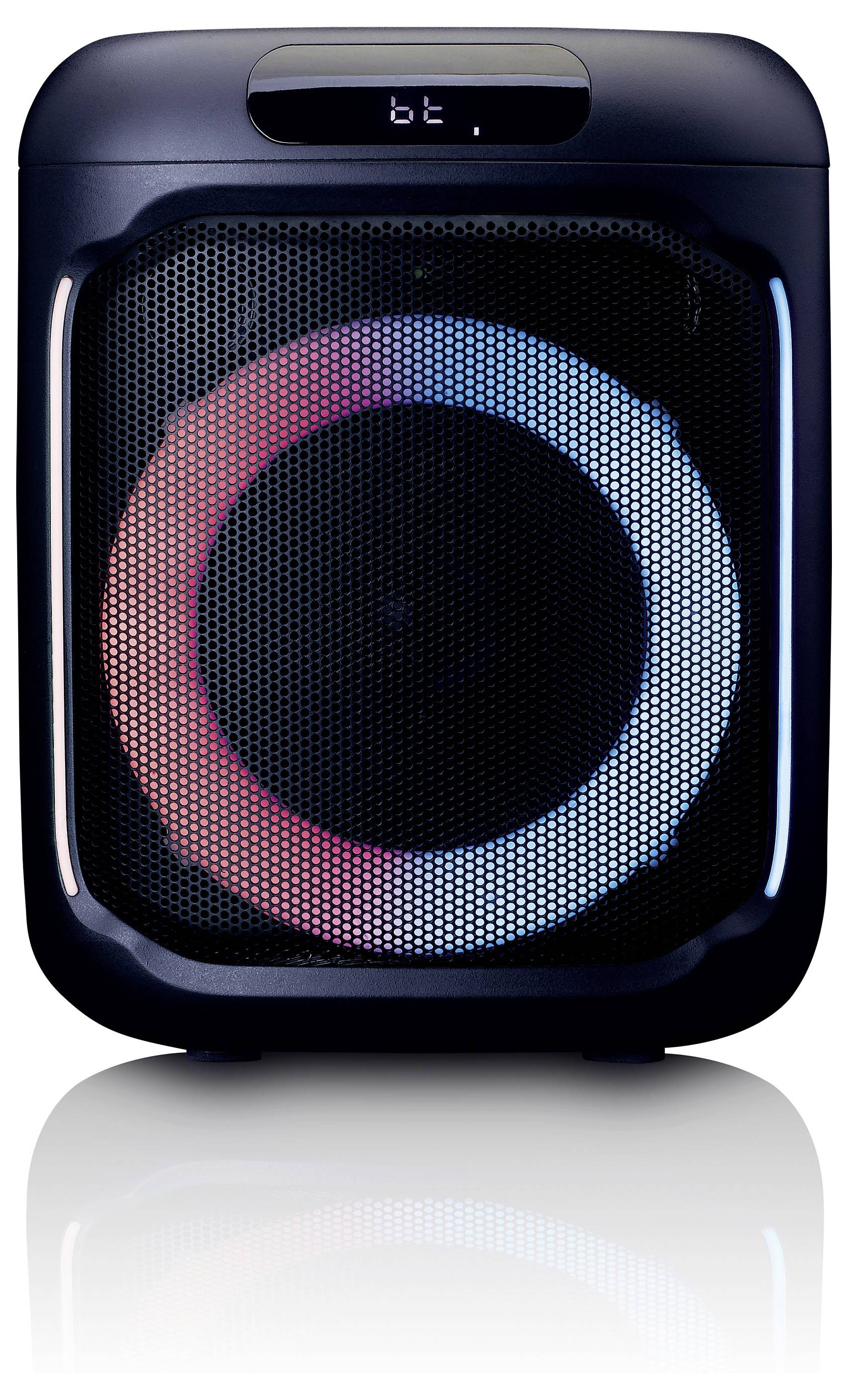 Black Bluetooth speaker with an illuminated circle in the centre, which glows blue and red.