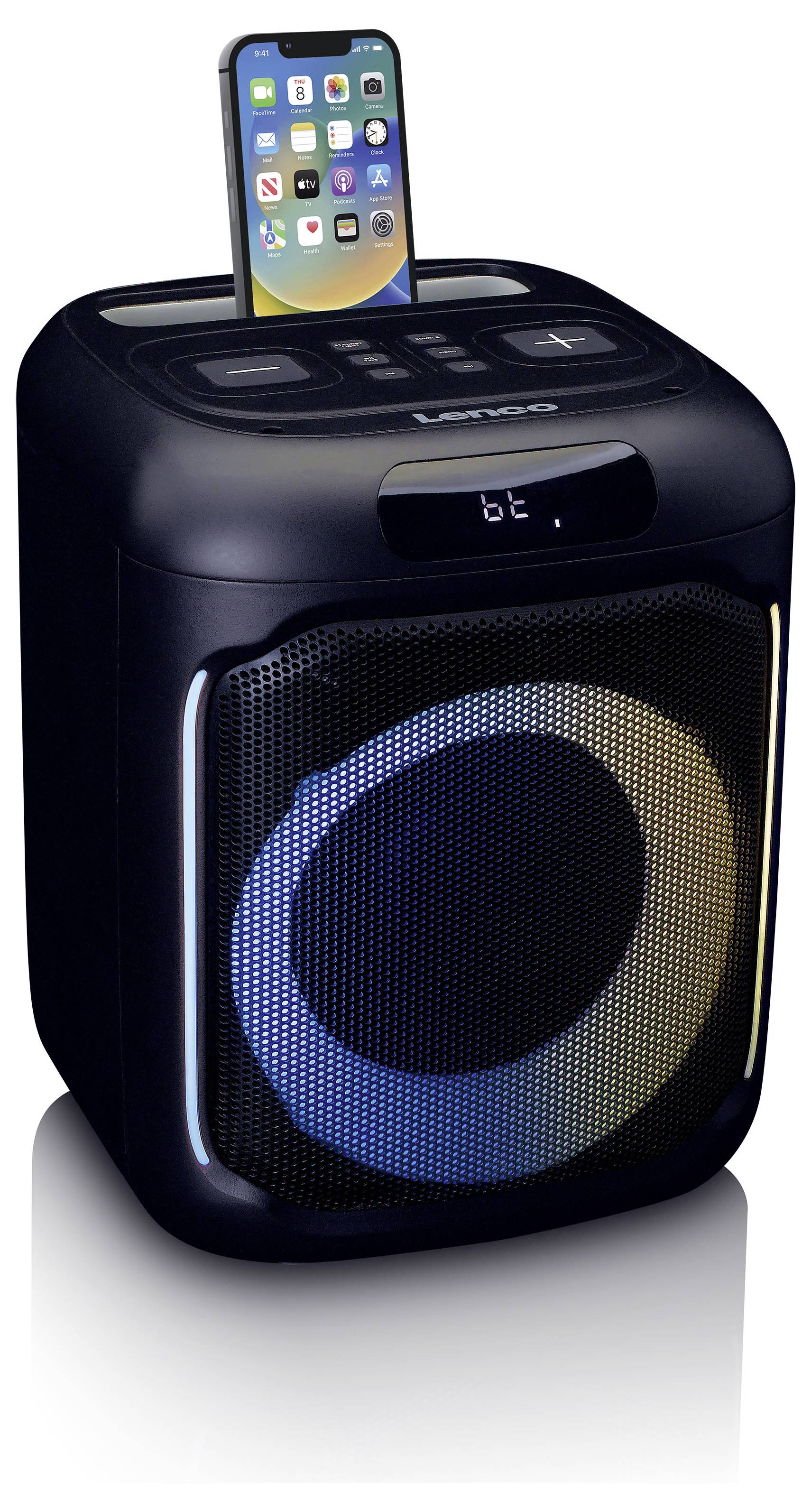 Portable speaker with LED lighting and integrated smartphone dock, suitable for parties and mobile music playback.
