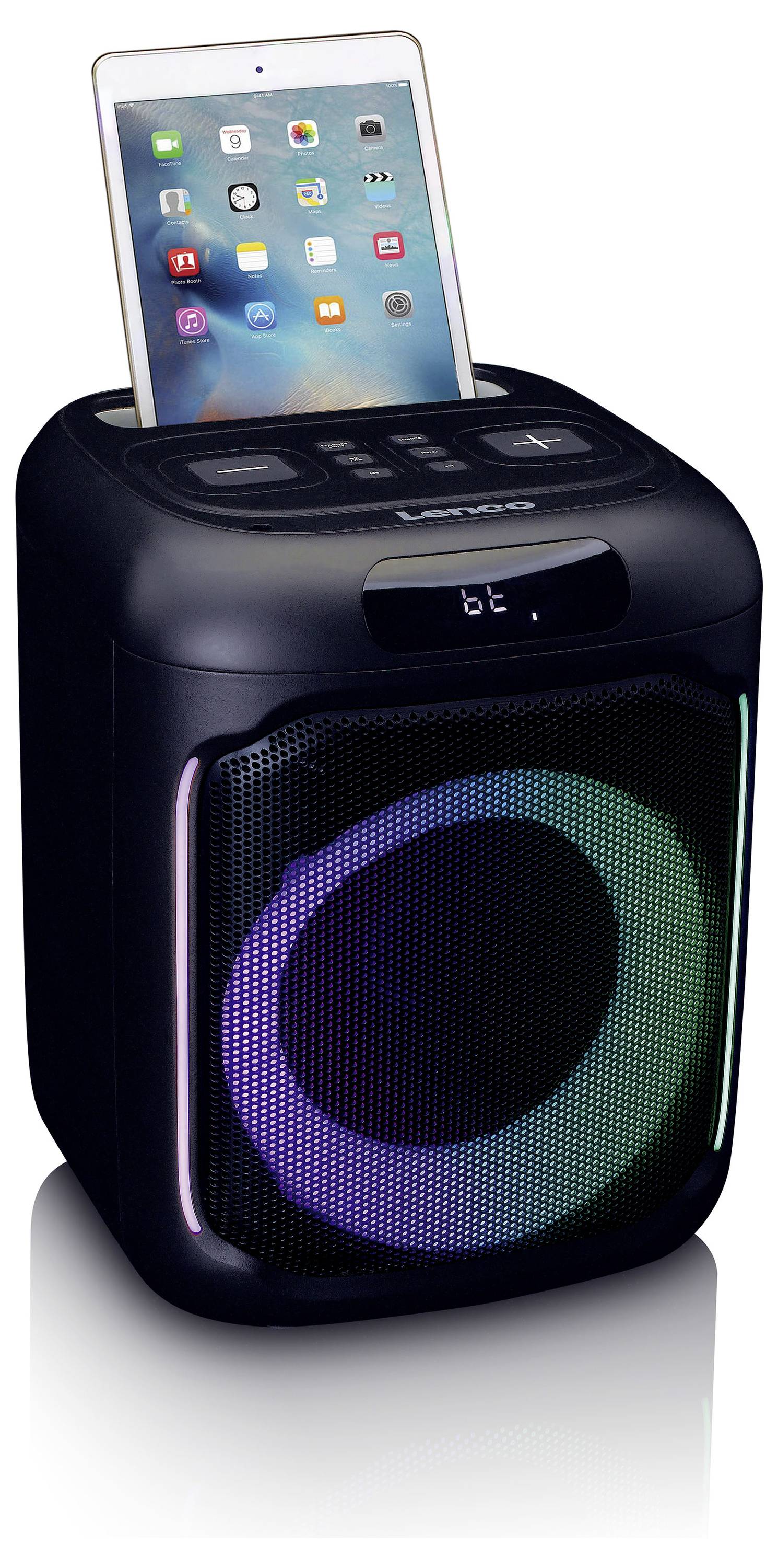 Portable Bluetooth speaker with LED lights in various colours. A tablet is slotted in the top and displaying apps.