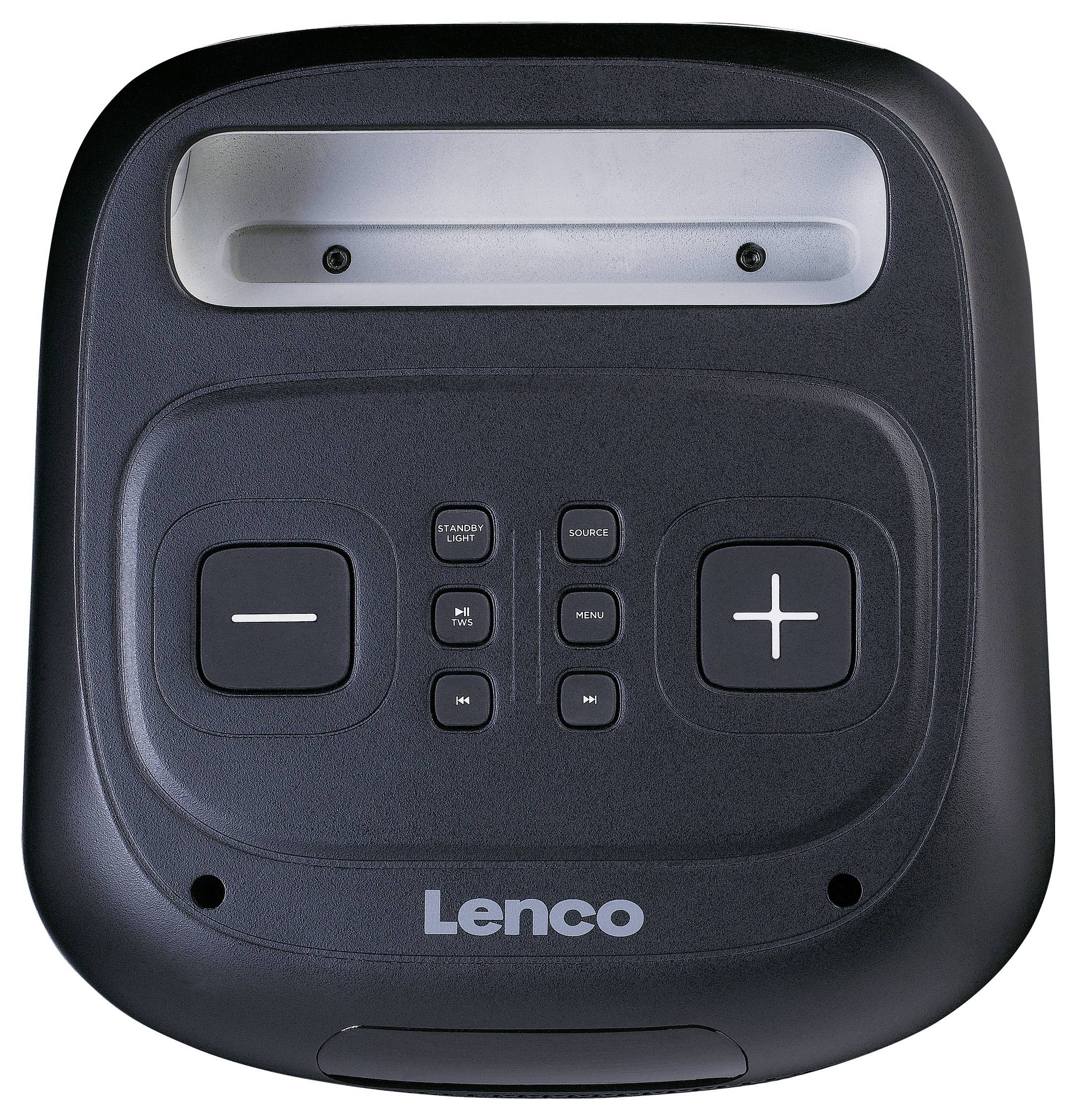 A black Lenco speaker with buttons for volume control and other functions on the top surface.