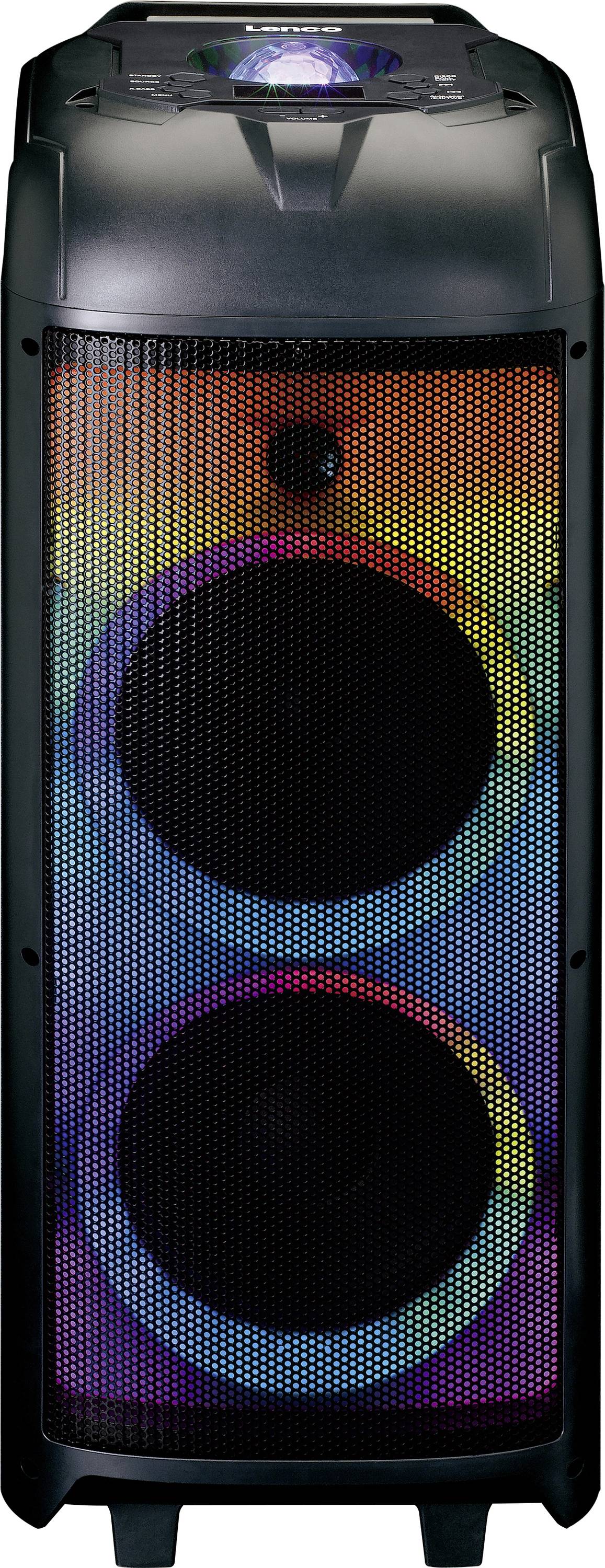 A large, black speaker with colourful LED lights arranged in circles around the speaker, illuminating in sequence.