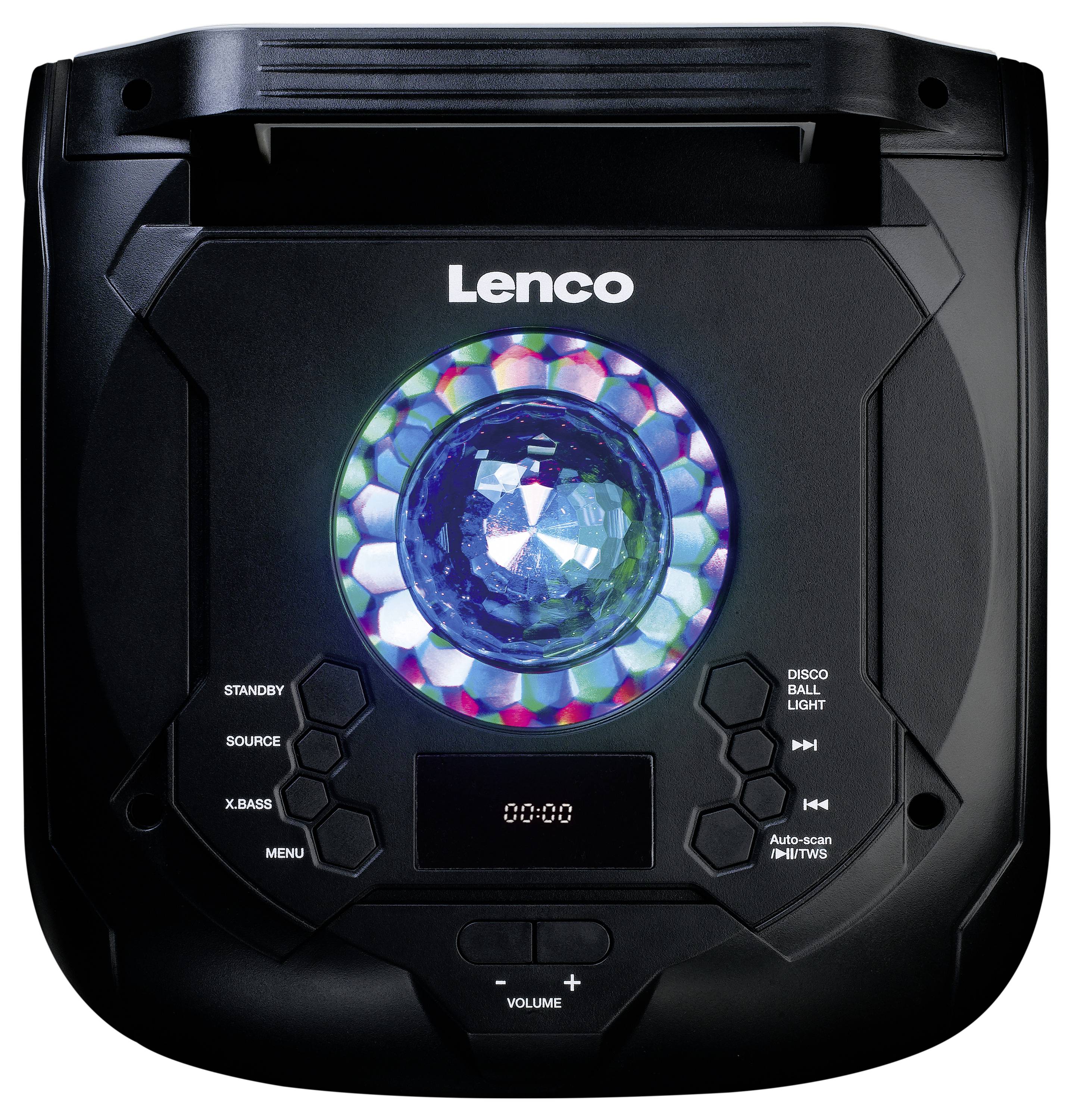 Black music player with a glowing LED lamp in the centre. Buttons for standby, source, X-Bass and menu visible. Small display shows '00:00'.