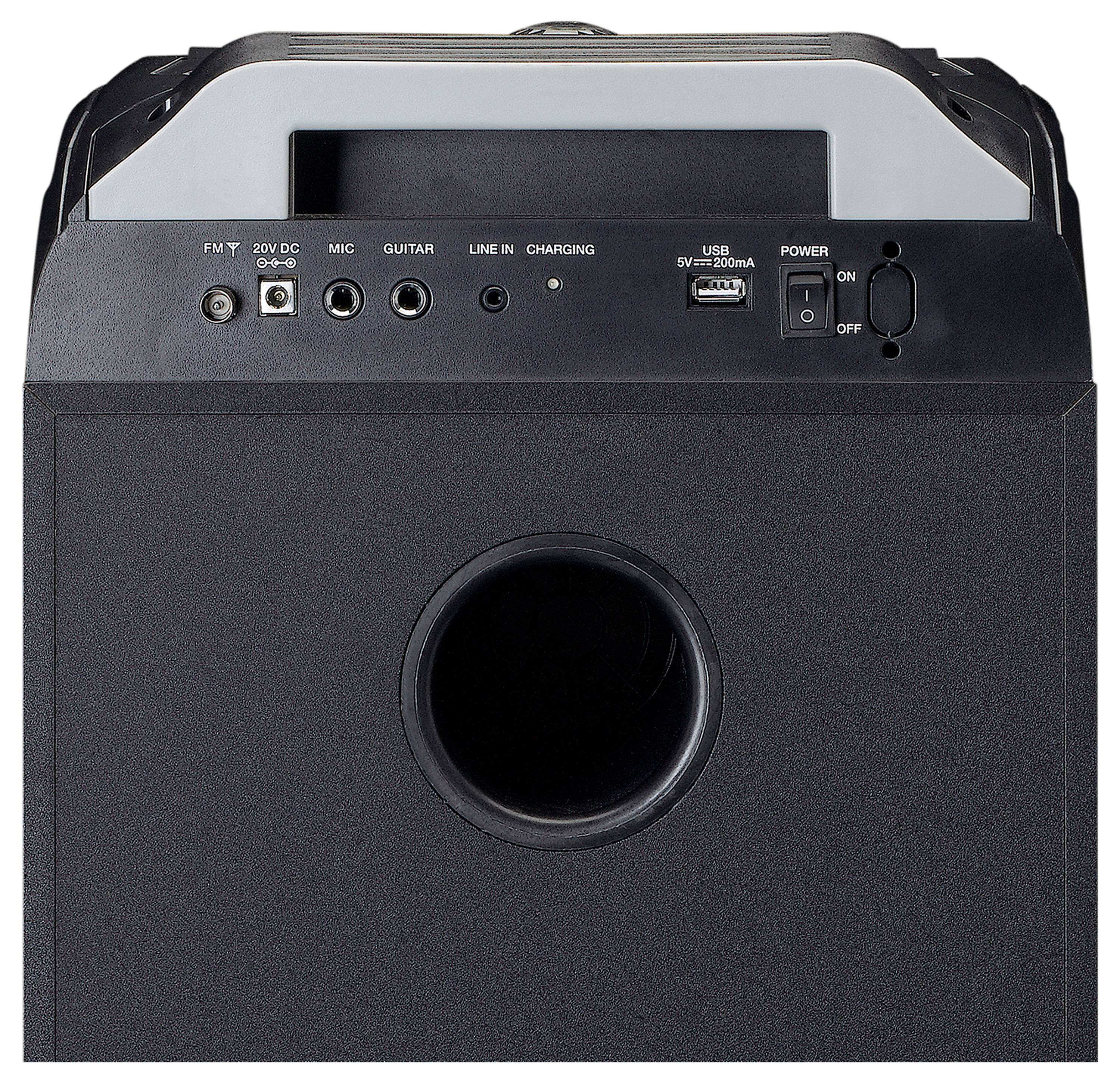 Back of a speaker with connections for FM, microphone, guitar, USB and charging function. Switch shows 'ON' and 'OFF'.