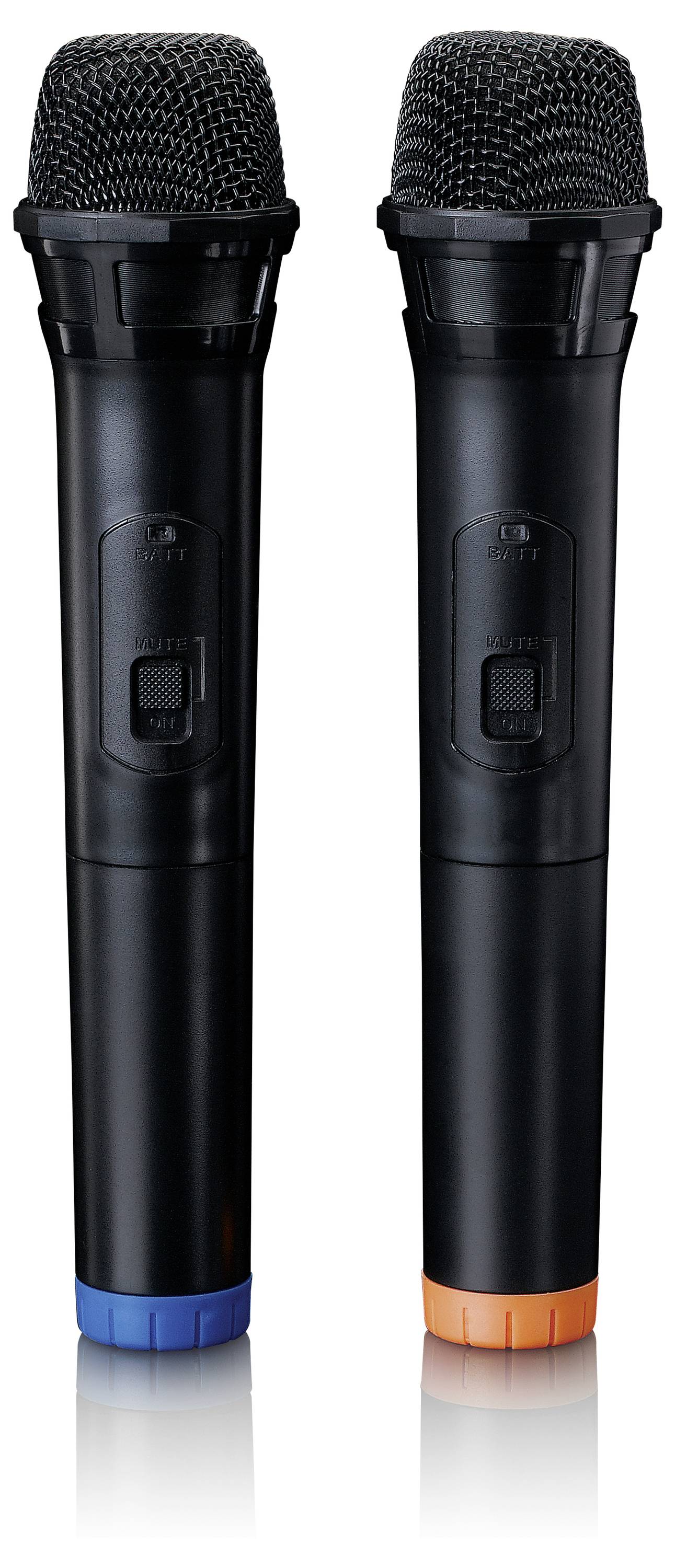 Two black microphones side by side, one with a blue ring, the other with an orange ring at the bottom end, standing upright.