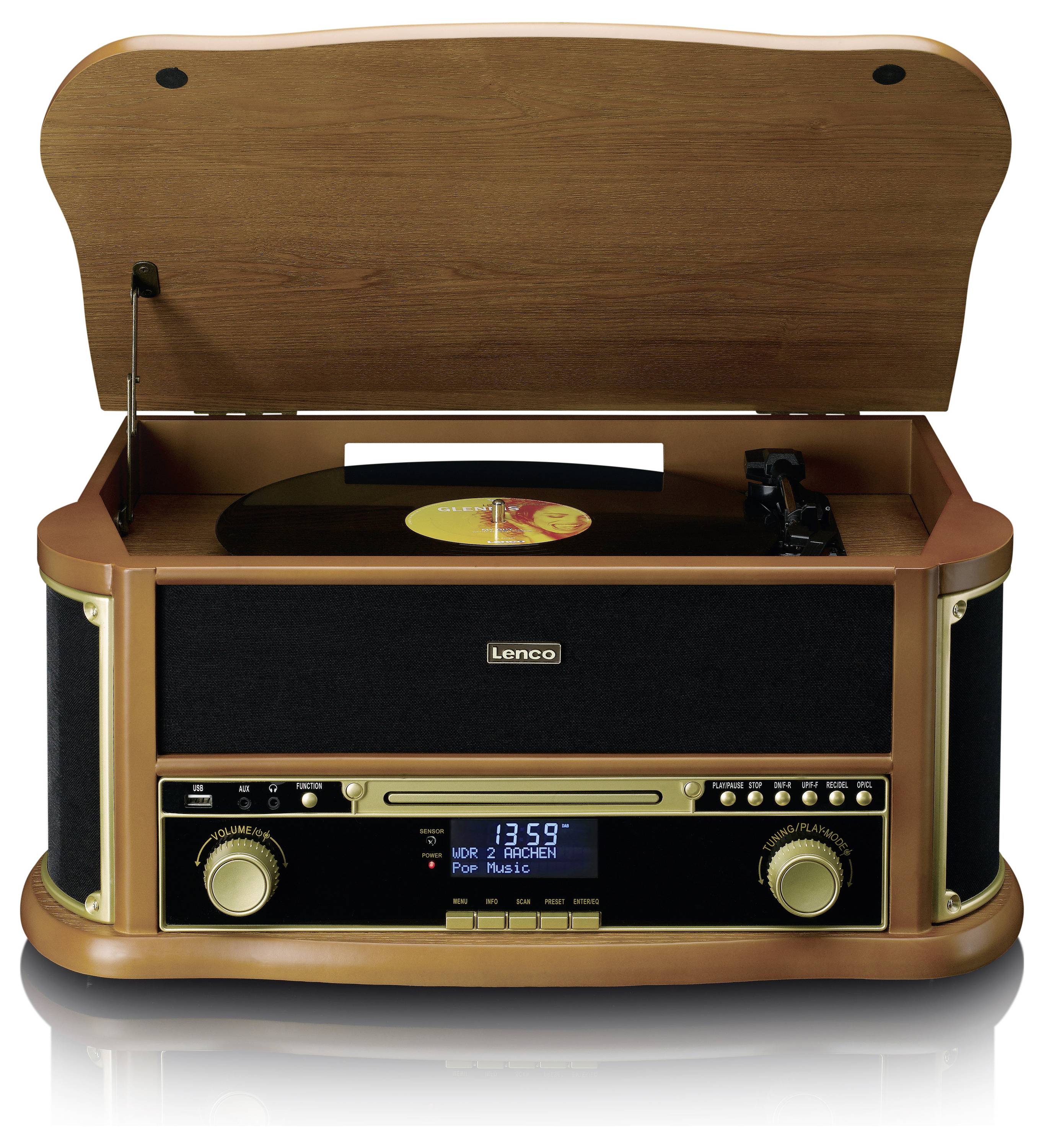Vintage music system with wooden casing and open turntable lid. A vinyl record is playing. Frontal control panel and display are visible.