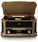 Vintage music system with wooden casing and open turntable lid. A vinyl record is playing. Frontal control panel and display are visible.