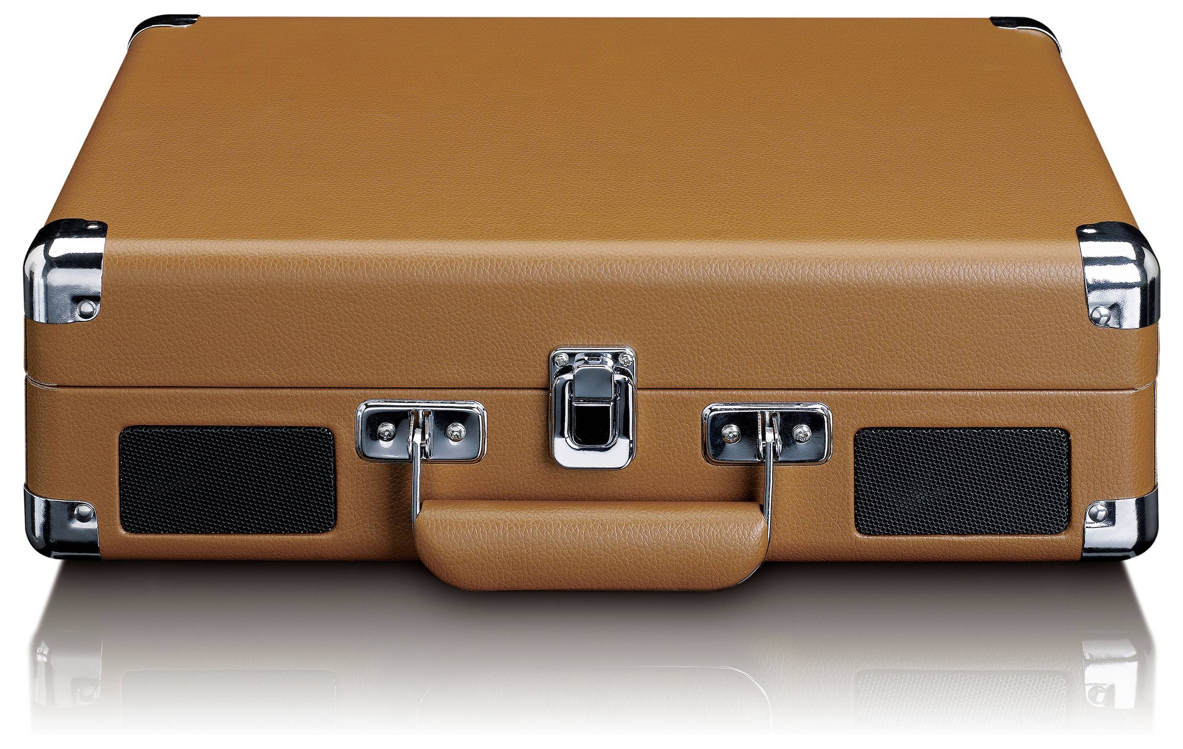 Brown leather briefcase with silver metal corners, central lock, and short carry handle, on a reflective surface.