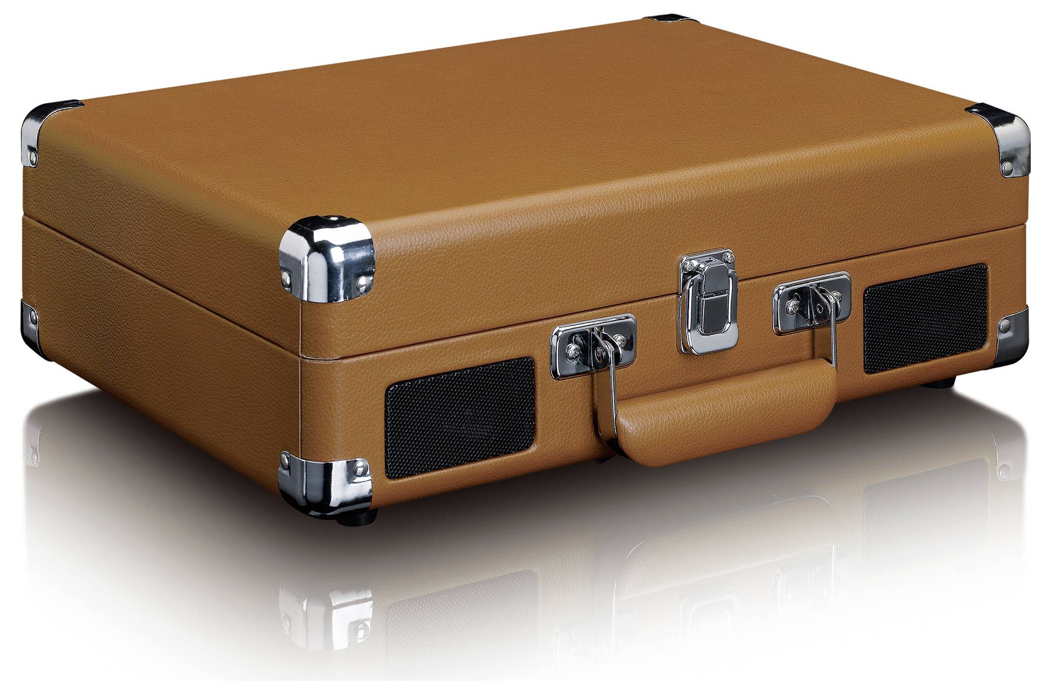 A brown retro record player case with metal edges and a handle, closed and with no visible brand markings.