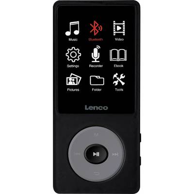 A black MP3 player with a screen displays icons for music, Bluetooth, video, settings, and other functions.
