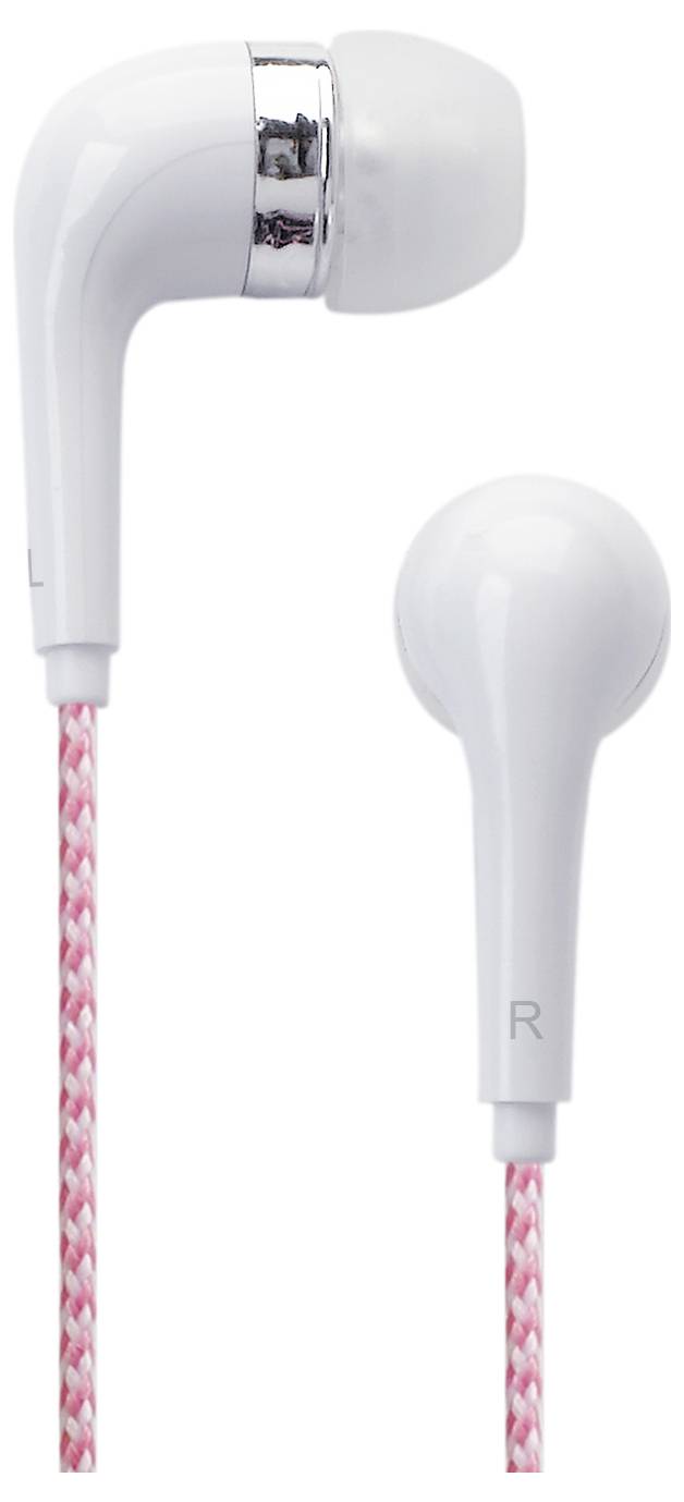 Two white earbuds on pink and white braided cables, one with a silver ring, shown against a white background.