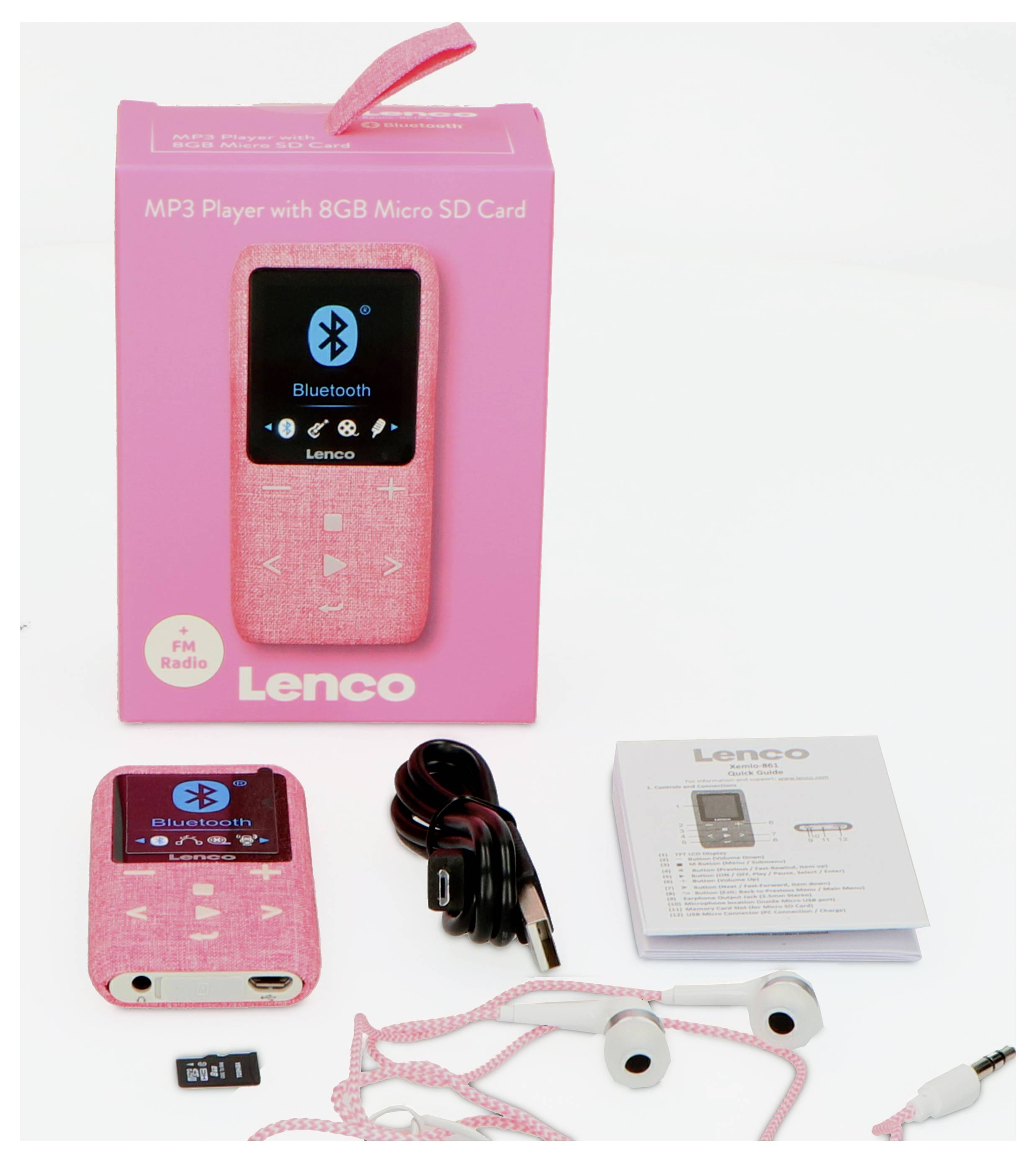 A pink MP3 player by Lenco with Bluetooth, FM radio and 8GB micro SD card. Includes headphones, charging cable, user manual.