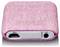 A pink, fabric-covered portable speaker with a charging port, USB port, and volume control.
