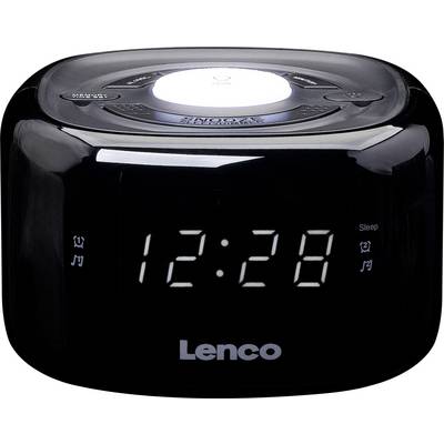 'Black alarm clock with LED display, showing 12:28. Control buttons are located on the top. Brand name "Lenco" on the front.'