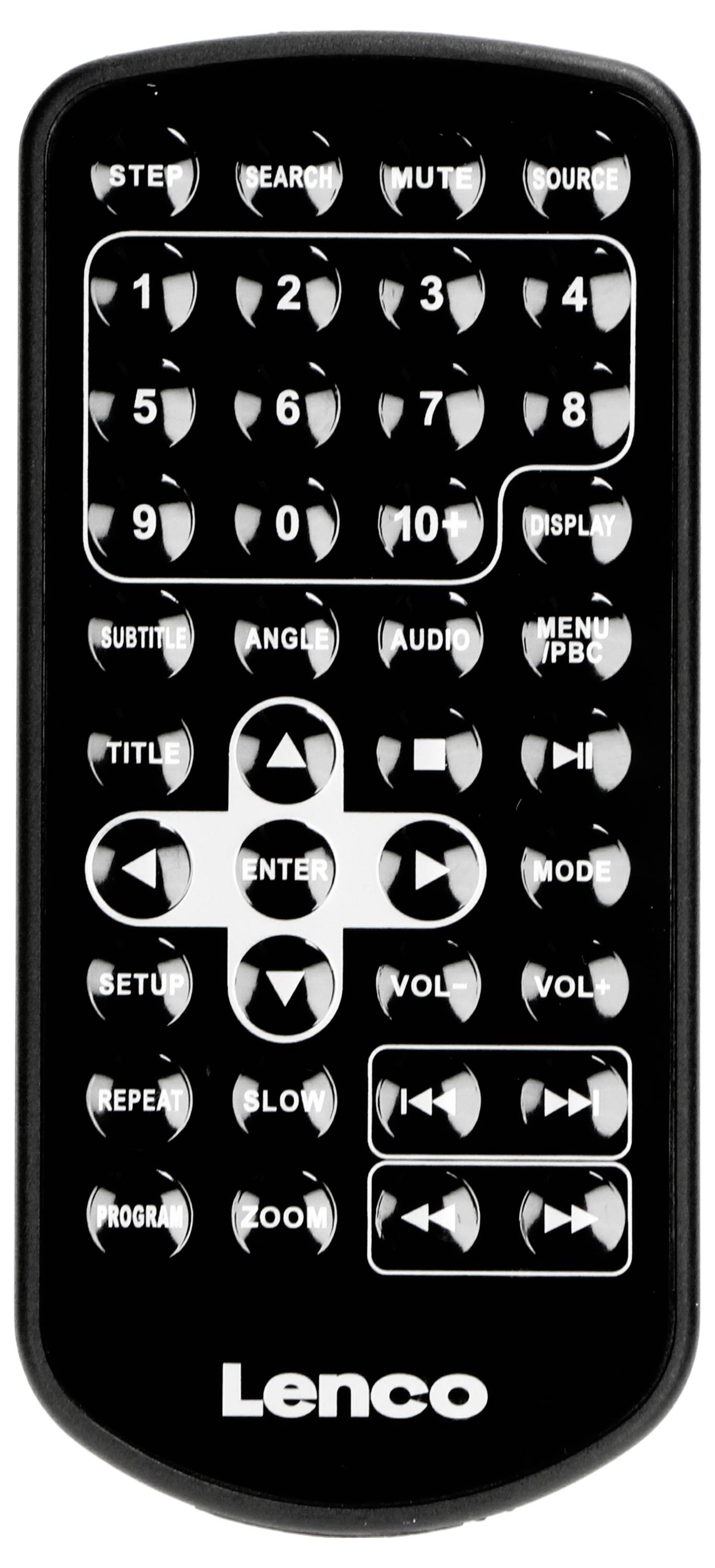 Black remote control with white buttons, numbers 0-9, controls for volume, playback and menu. 'Lenco' logo at the bottom edge.