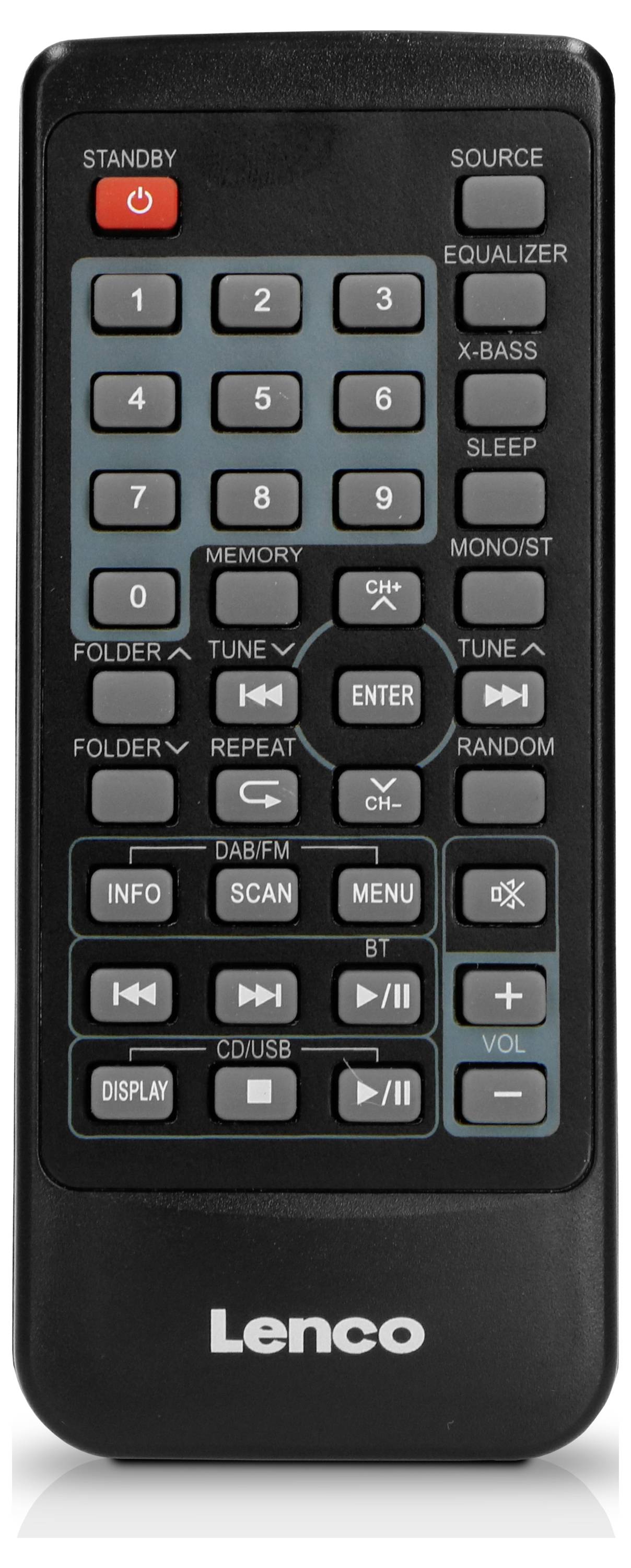 Black remote control by Lenco with buttons for standby, volume, playback, input source selection and various functions.