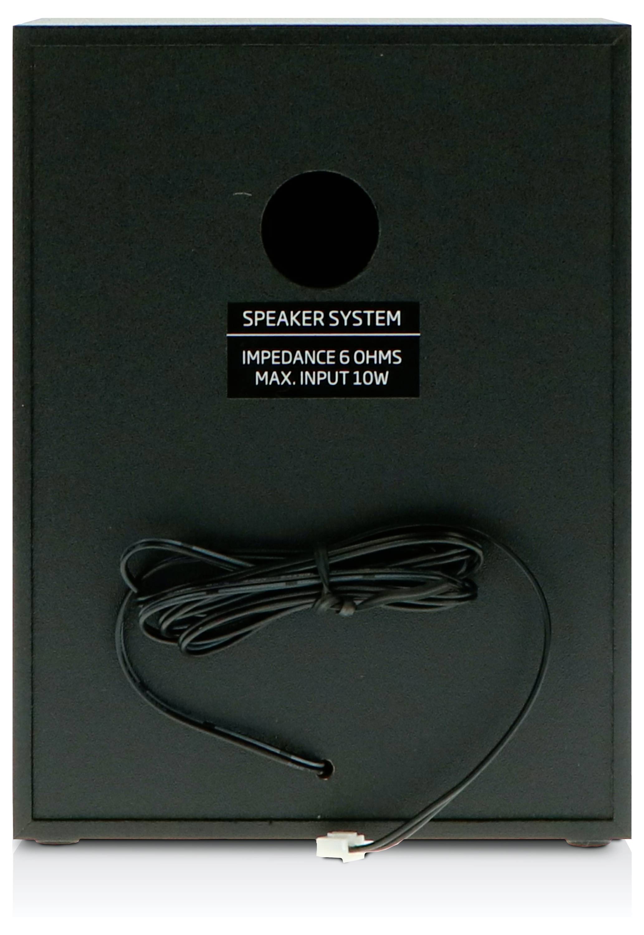 Back of a speaker with a black surface, circular opening, and cable. Text reads: 'Speaker System', 'Impedance 6 Ohms', 'Max. Input 10W'.