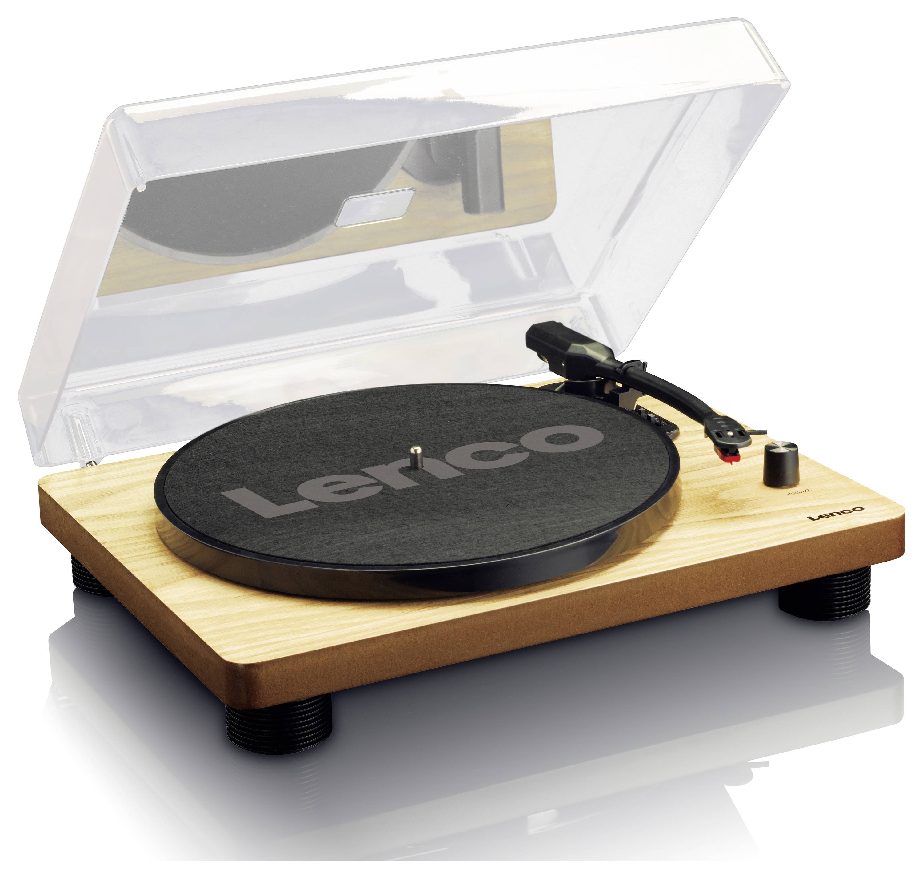 Record player with a wooden base and transparent cover, tone arm positioned to the right of the turntable.