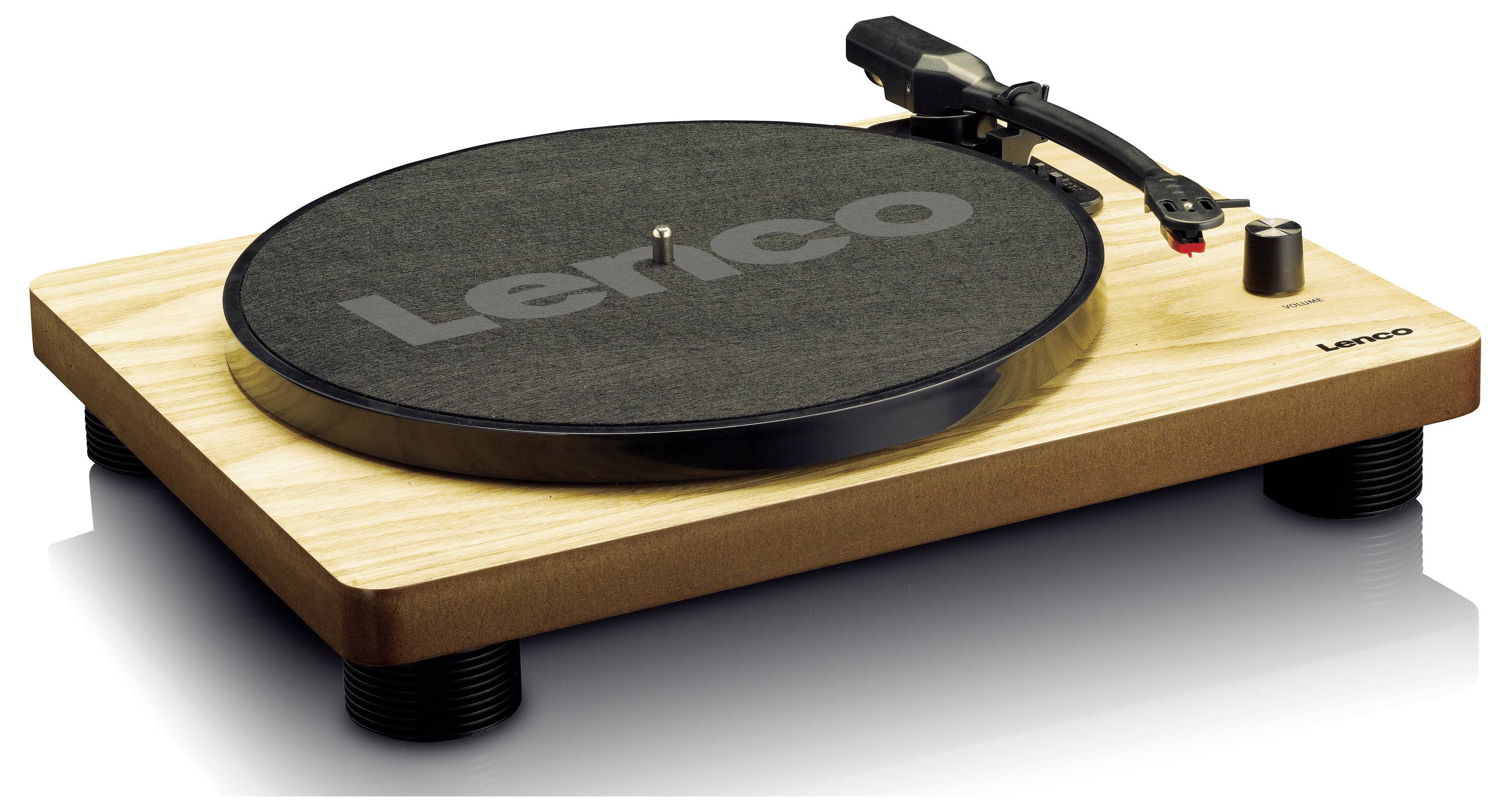 Wooden record player on black feet, with a brown turntable. The brand name 'Lenco' is printed in the background.