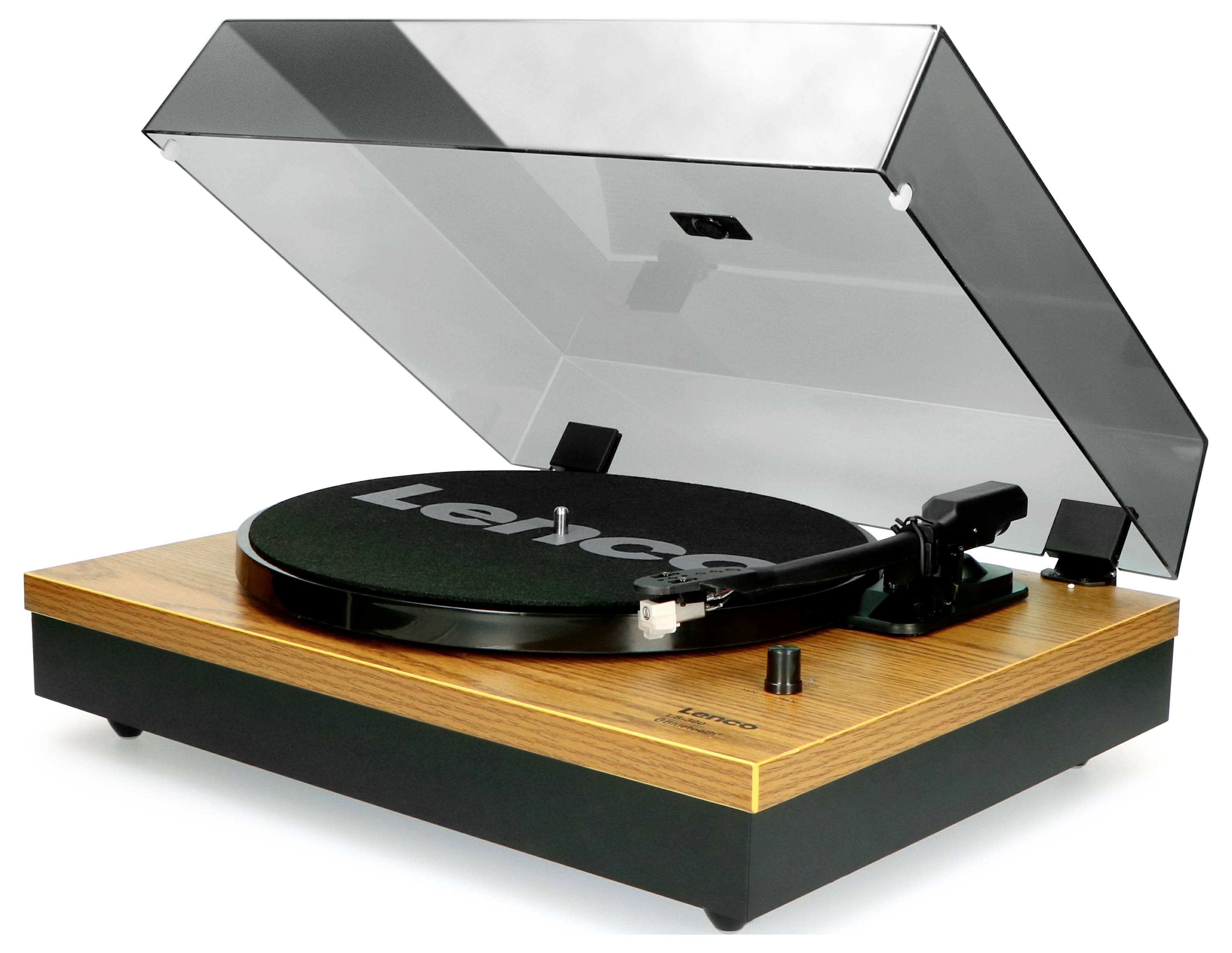 A wooden record player with an open transparent lid. The brand name 'Lenoxx' can be seen on the turntable's felt mat.