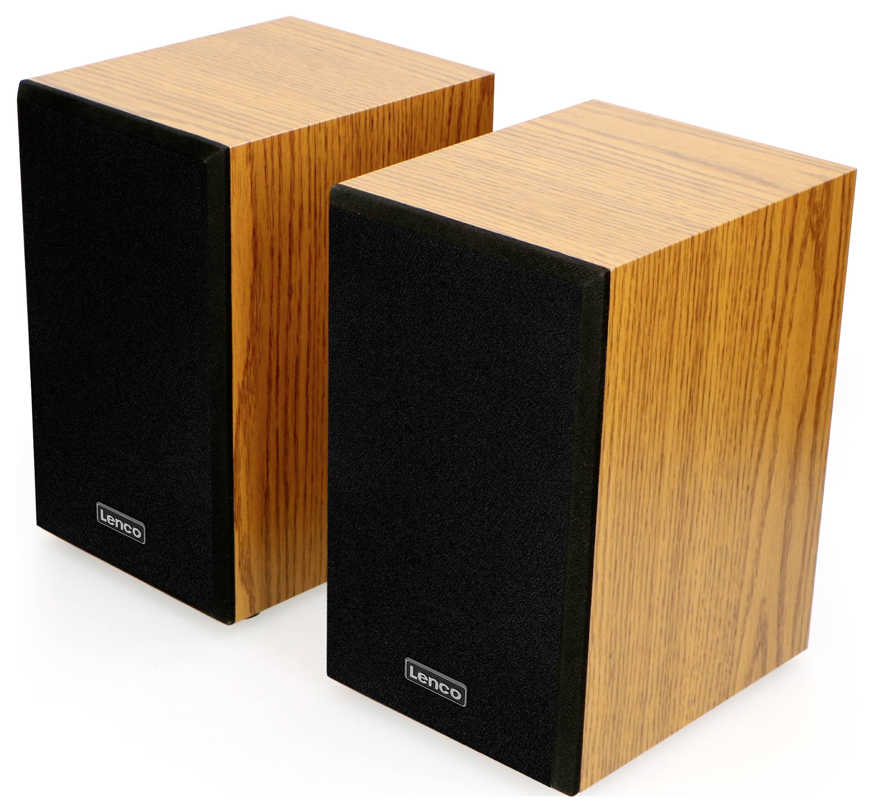 Two wooden loudspeakers with black front panels stand side by side. The Lenco logo is located in the bottom left.