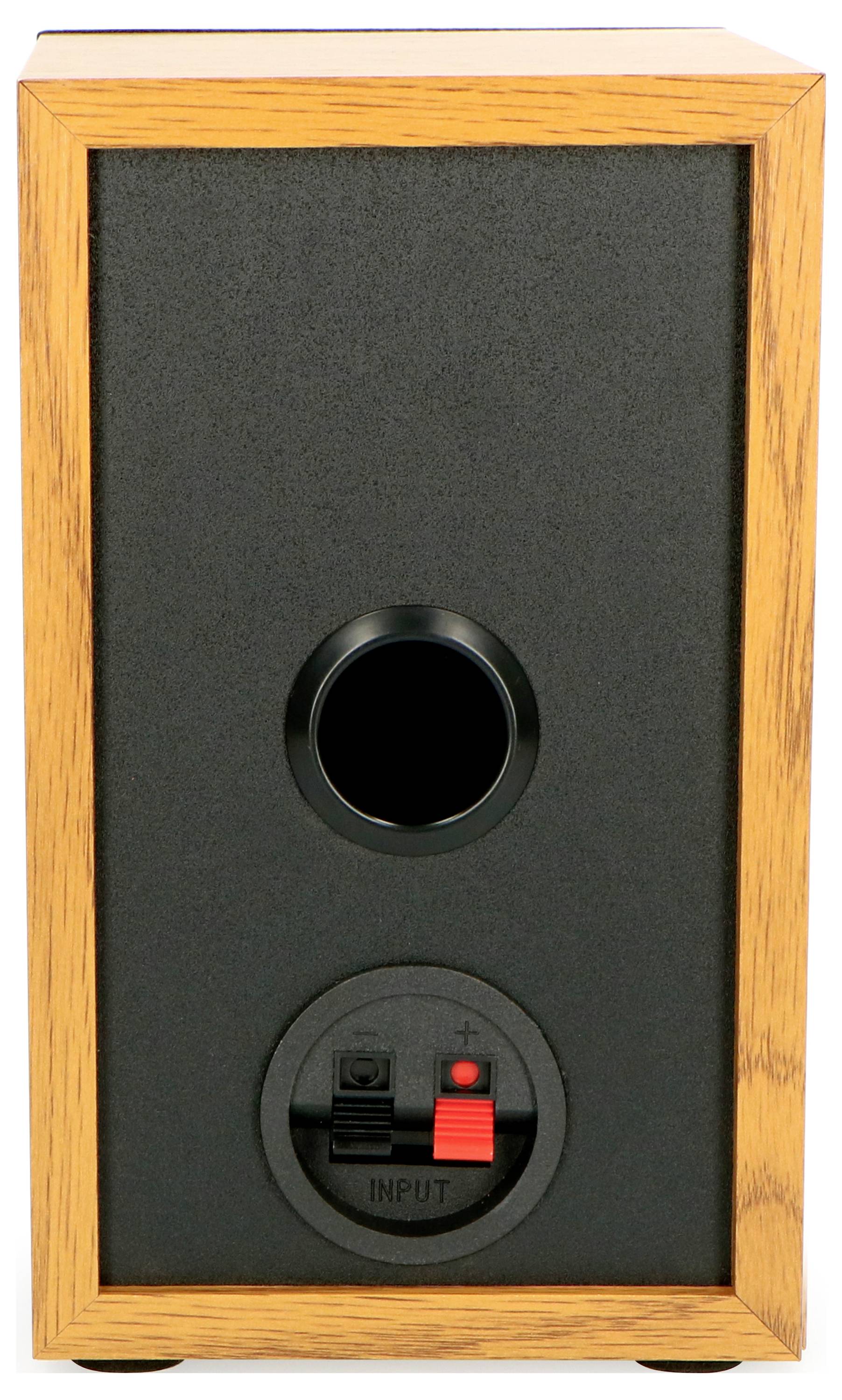 Wooden-framed loudspeaker. Rear view showing connection socket and cable terminals.