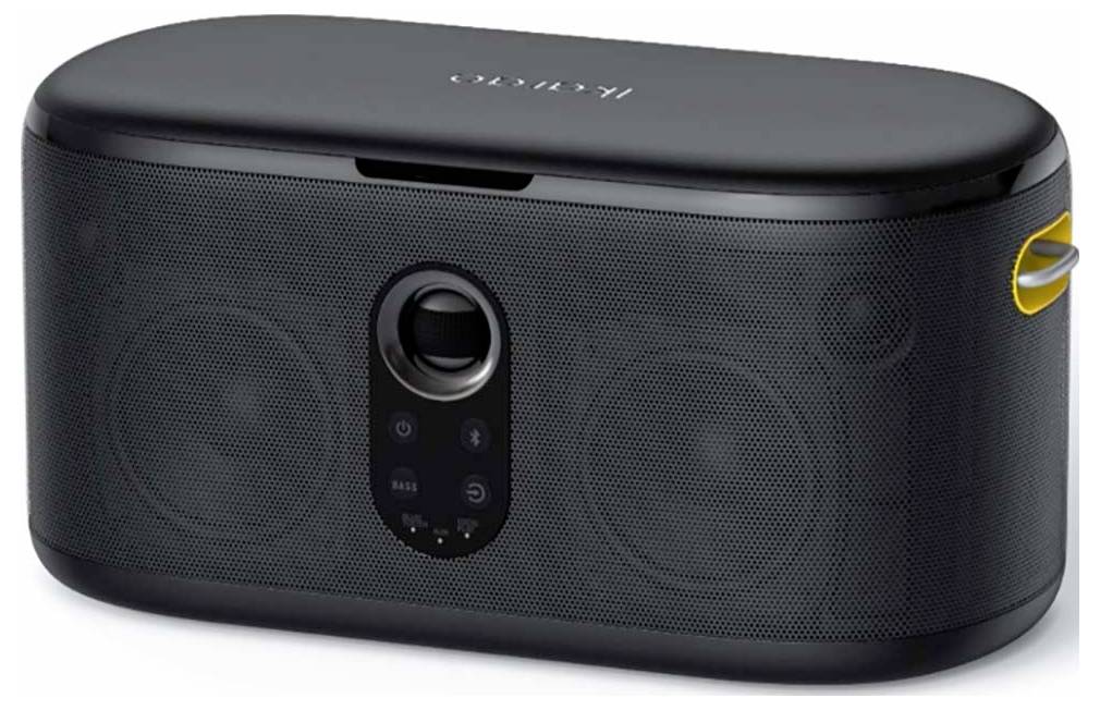 A black portable speaker with a sleek design, featuring a handle on the side and control buttons at the front center.