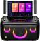 Portable karaoke system with a screen, two microphones and speakers featuring vibrant coloured LED lighting on the front.