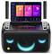 Portable karaoke system with speakers, screen for apps like 'YouTube' and 'KaraFun', two microphones. Perfect for parties.