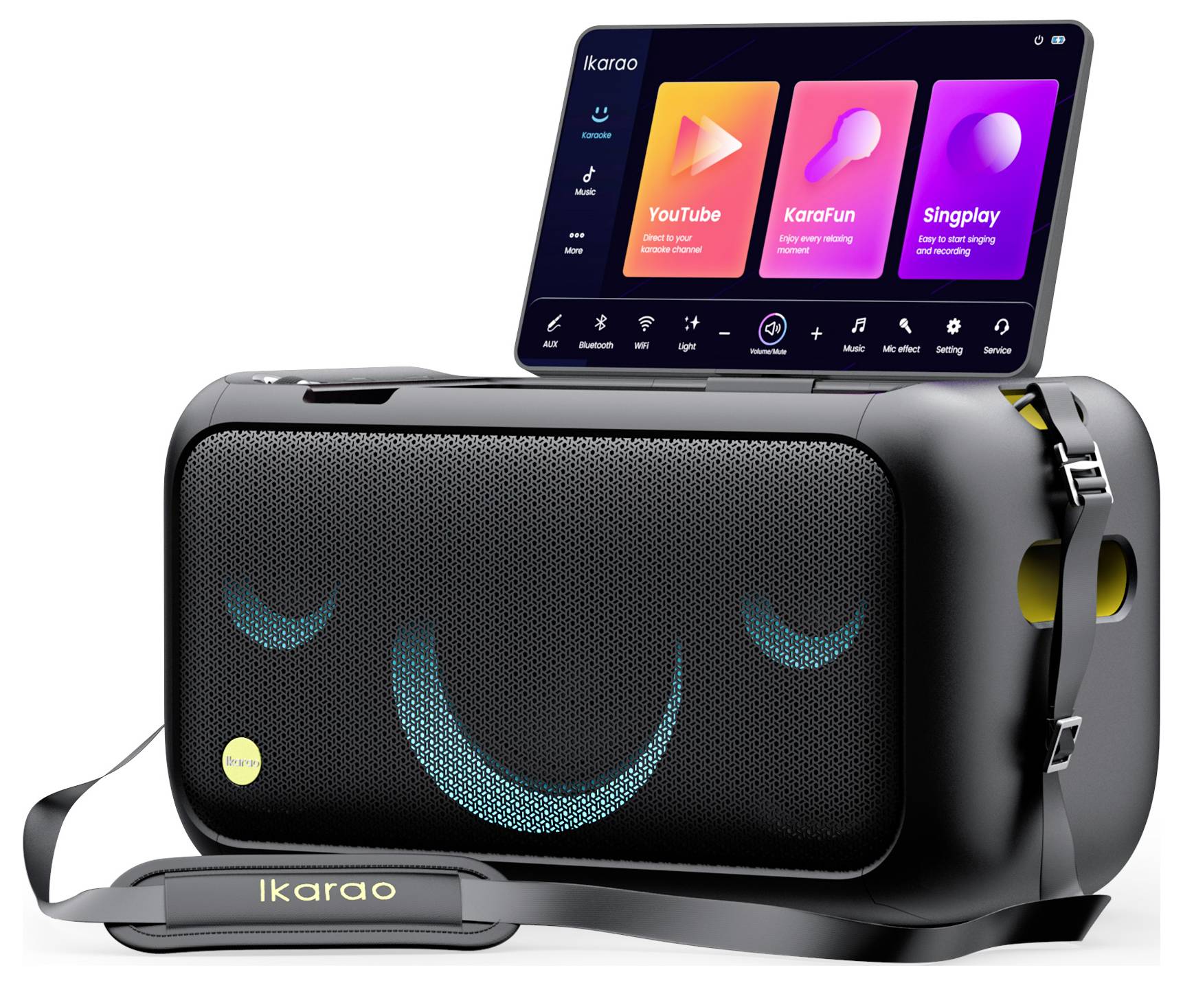 A portable karaoke device with a display. Apps such as 'YouTube', 'KaraFun' and 'Singplay' are shown on the display.