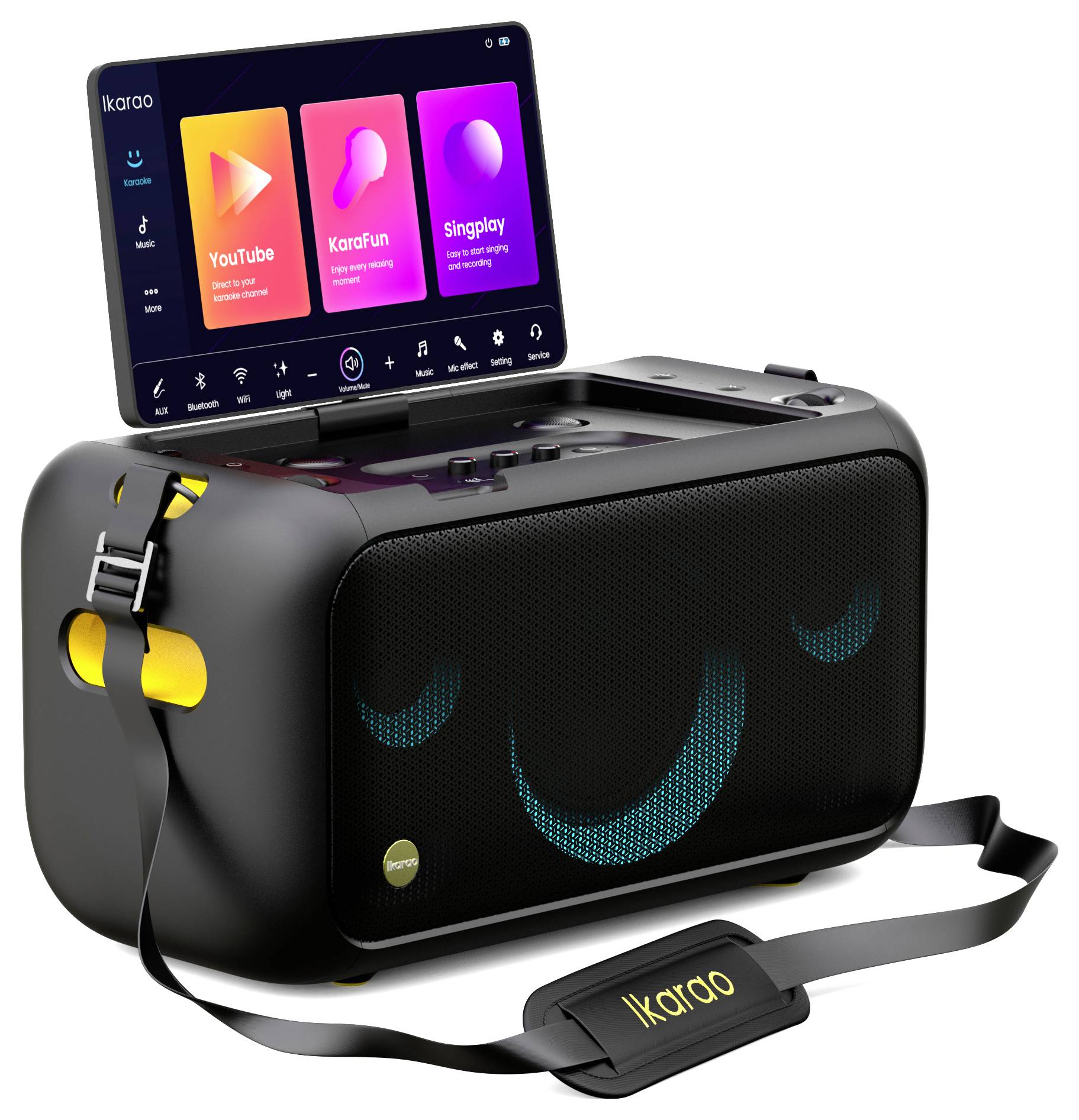 A portable speaker with an integrated screen displays music apps. Stylish black design with a yellow handle and 'Karao' logo.
