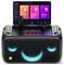 Portable karaoke machine with built-in speaker and digital screen displaying karaoke apps. Two microphones are included.