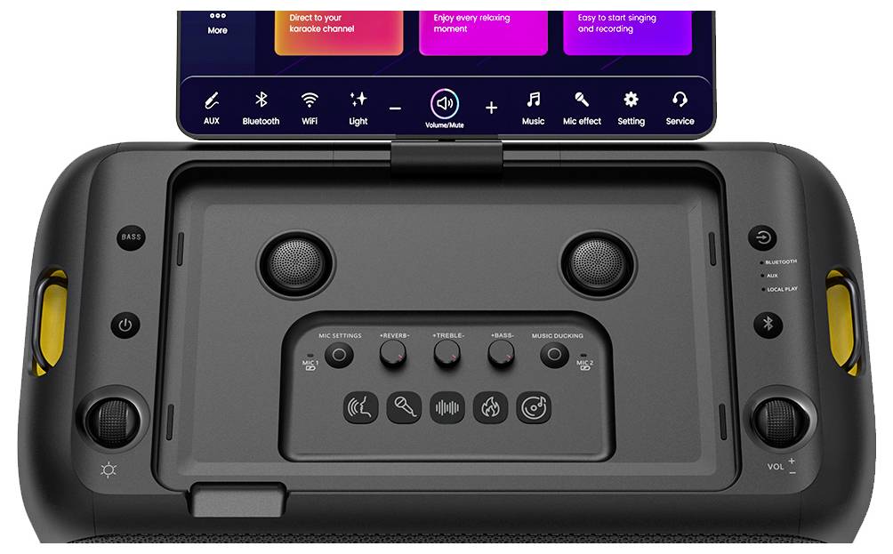 'Front of a portable speaker with control buttons for AUX, Bluetooth, Wi-Fi, light, music, microphone and volume.'