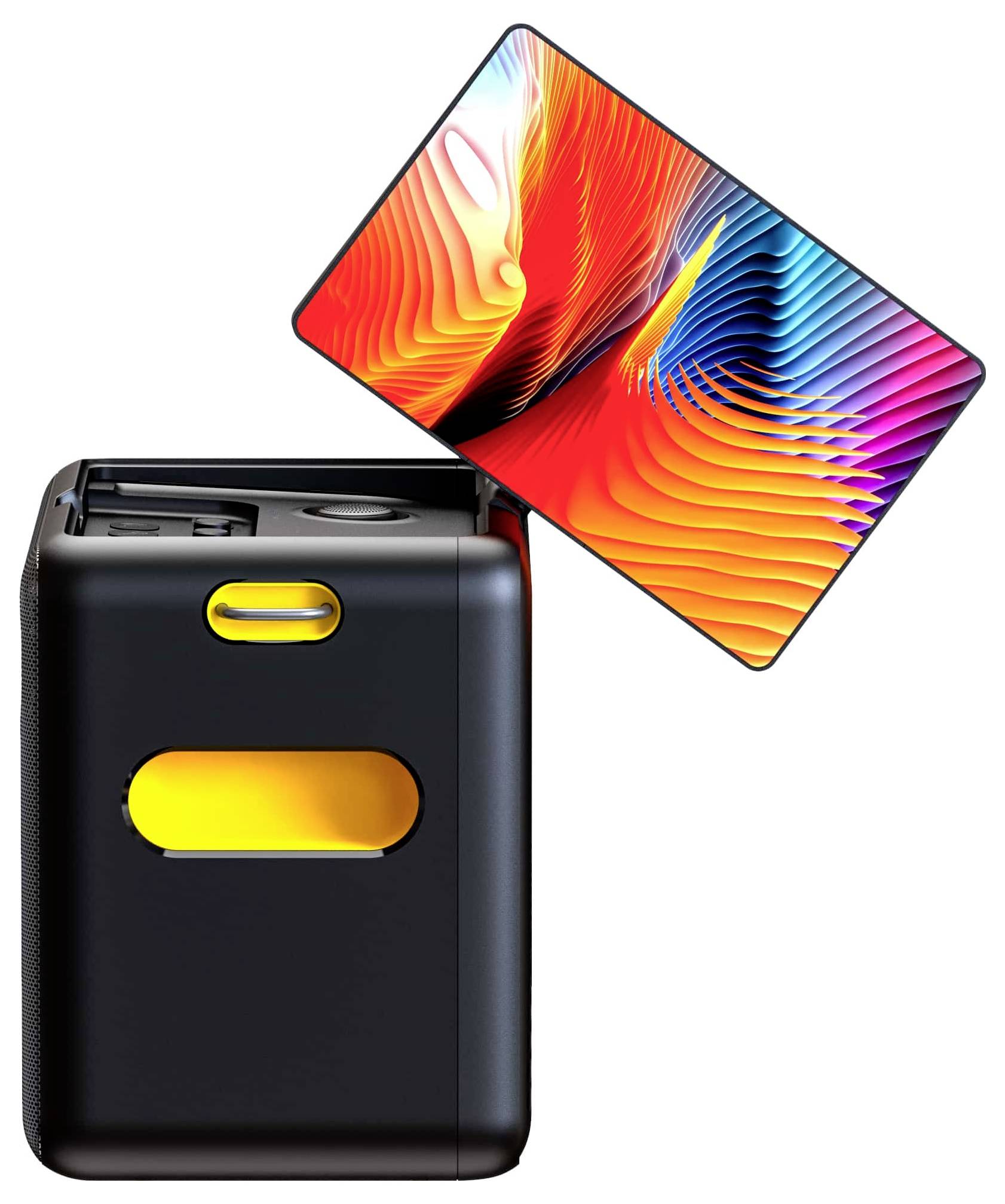 A black cube projector displays a colourful, undulating image in shades of red, yellow and blue.