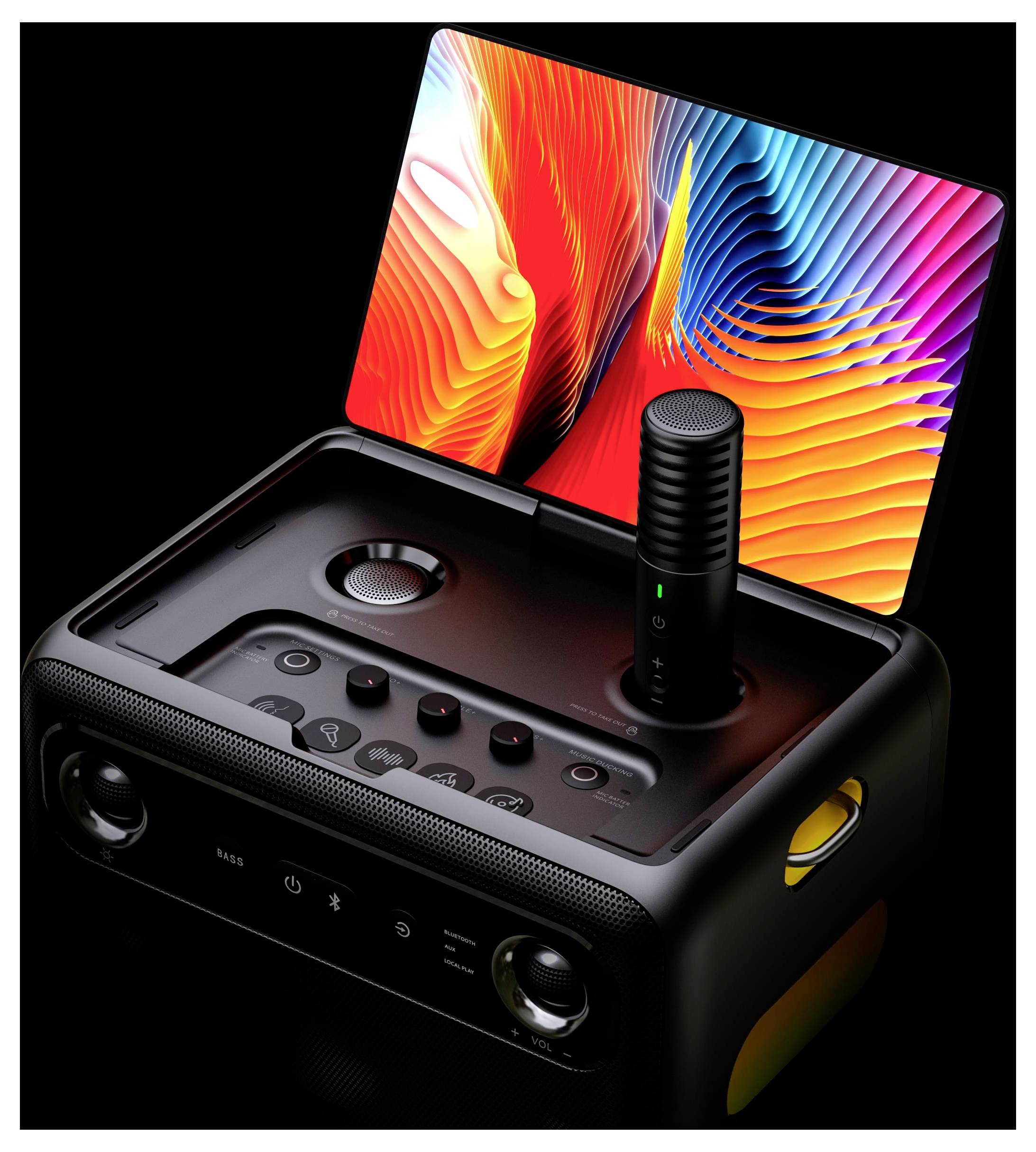 A portable speaker with an integrated microphone stand, obvious control buttons, and a modern display with colourful waves.