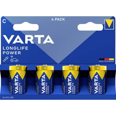 'Varta Longlife Power' C batteries, pack of 4, blue and yellow packaging with plus and minus symbols, manufactured in Germany.