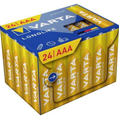 Pack of 24 AAA batteries by Varta, 'Longlife' model, in yellow cardboard box. Longevity indicator and alkaline type.