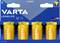 Pack of 4 Varta Longlife D Batteries, Alkaline, suitable for low-energy devices. Manufactured in Germany.